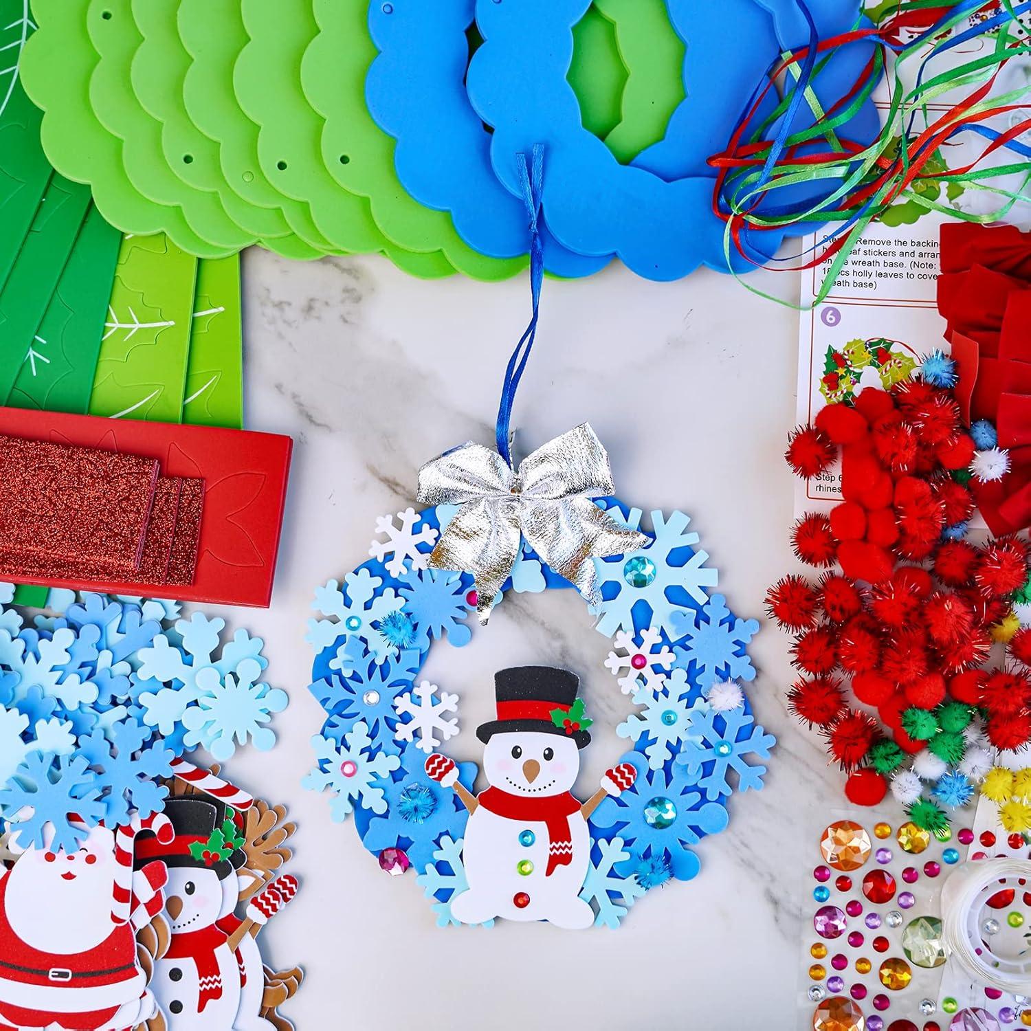 imageWinlyn 12 Sets Winter Crafts DIY 3D Christmas Wreath Ornaments Art Sets Santa Snowflake Snowman Foam Stickers Arts and Crafts for Kids Holiday Home Classroom Activities