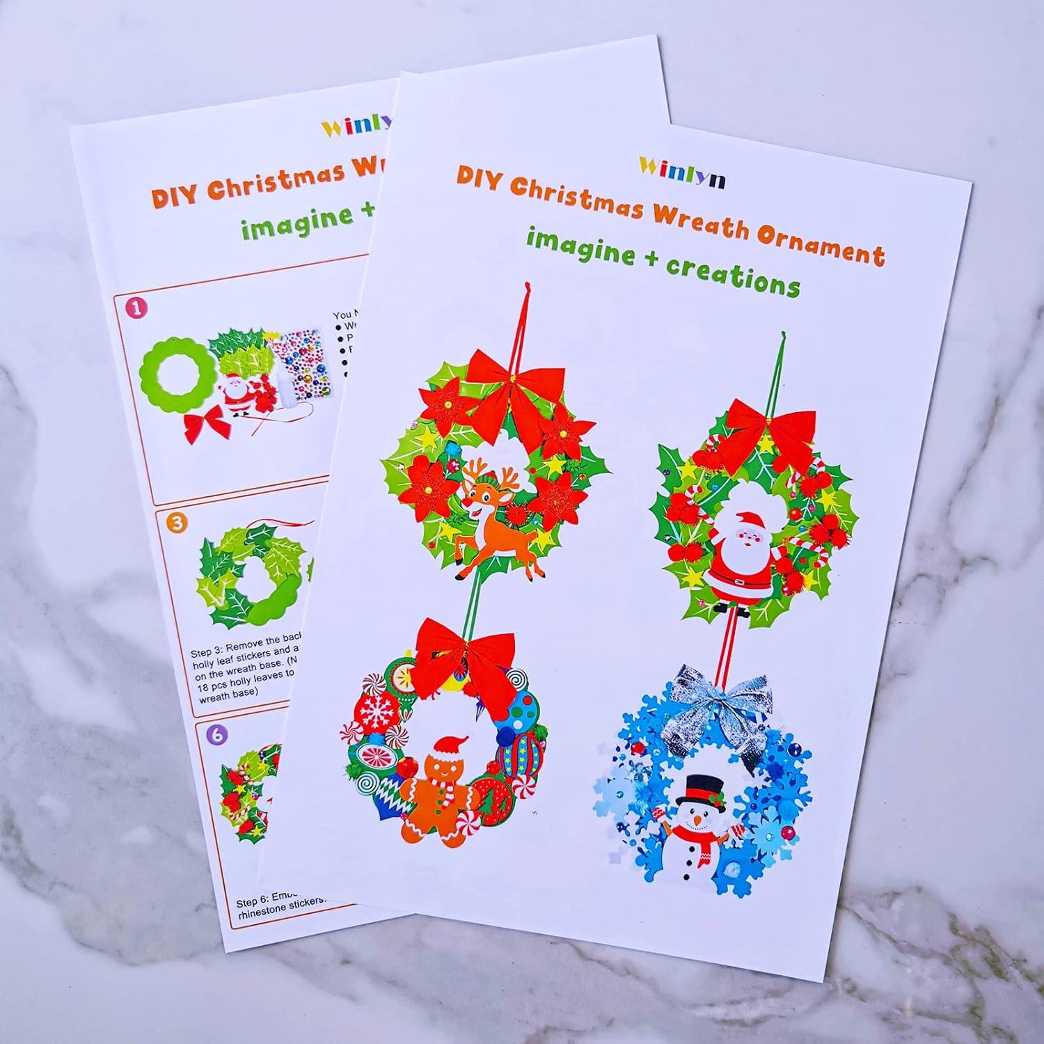 imageWinlyn 12 Sets Winter Crafts DIY 3D Christmas Wreath Ornaments Art Sets Santa Snowflake Snowman Foam Stickers Arts and Crafts for Kids Holiday Home Classroom Activities