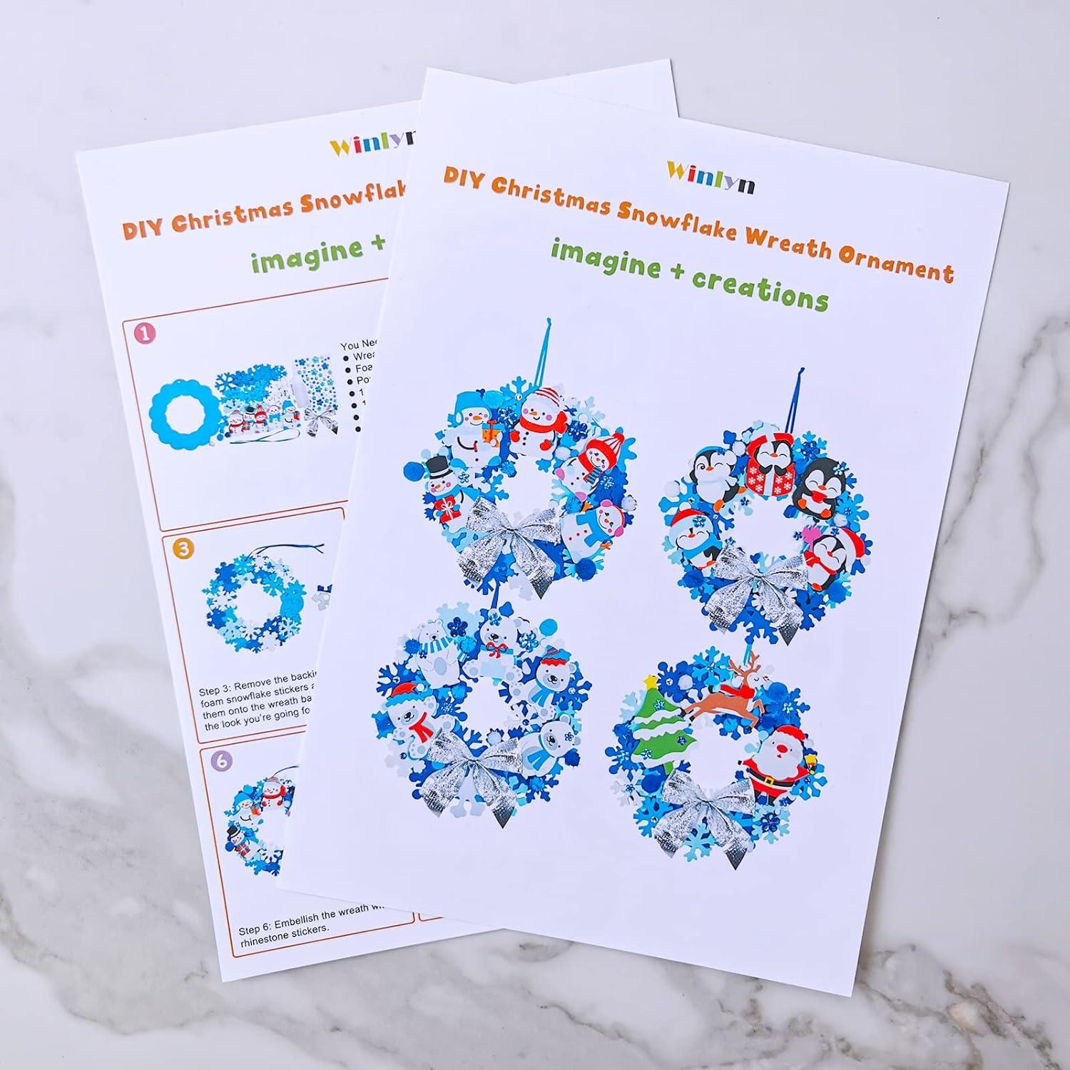 imageWinlyn 12 Sets Winter Crafts DIY Christmas Snowflake Wreath Ornaments Decorations Art Sets Snowman Santa Foam Stickers for Kids Classroom Activities