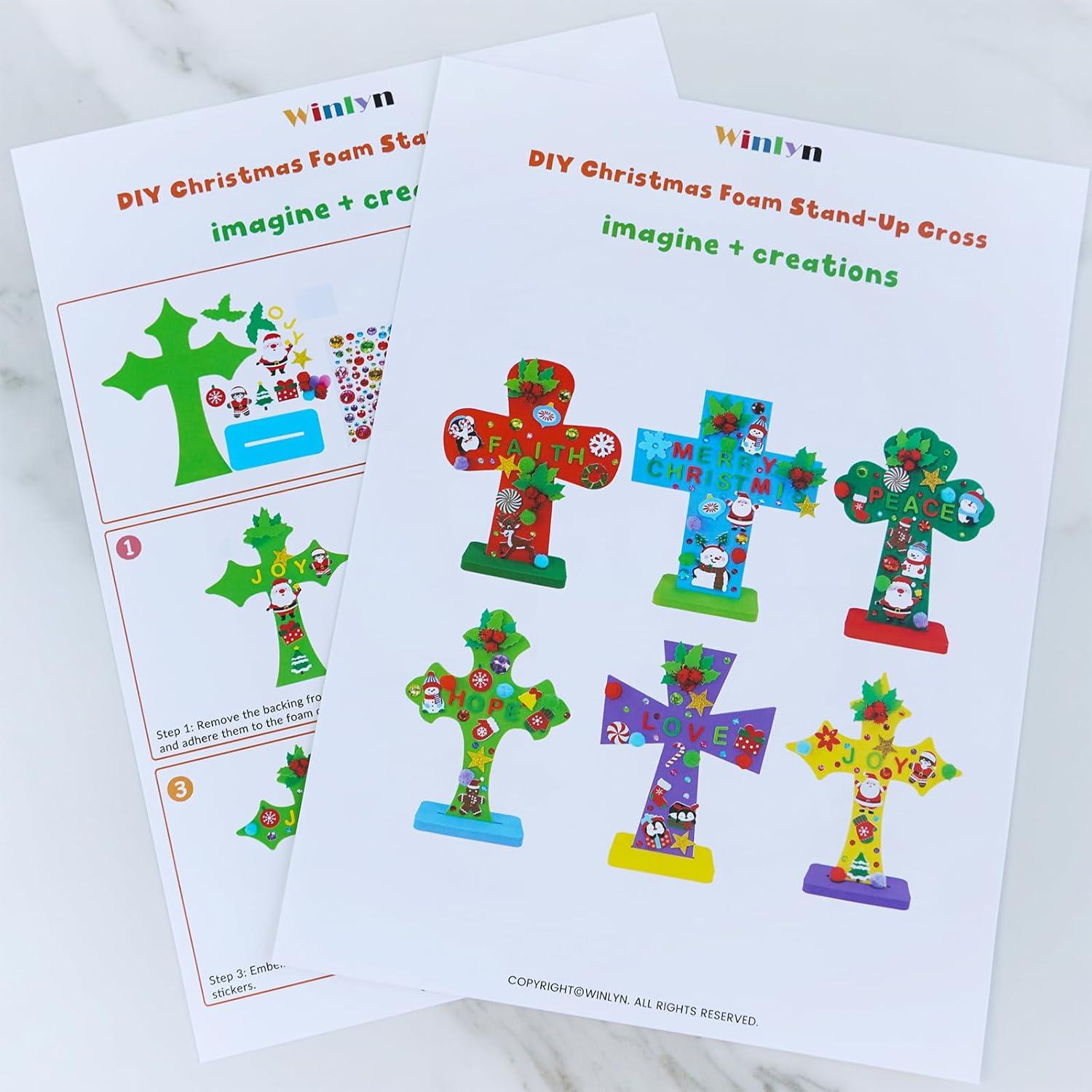 imageWinlyn 18 Set Christmas Craft Kits DIY Standup Cross Decorations Art Sets Snowman Snowflake Foam Stickers Arts and Crafts for Kids Party Classroom Sunday School VBS Activities