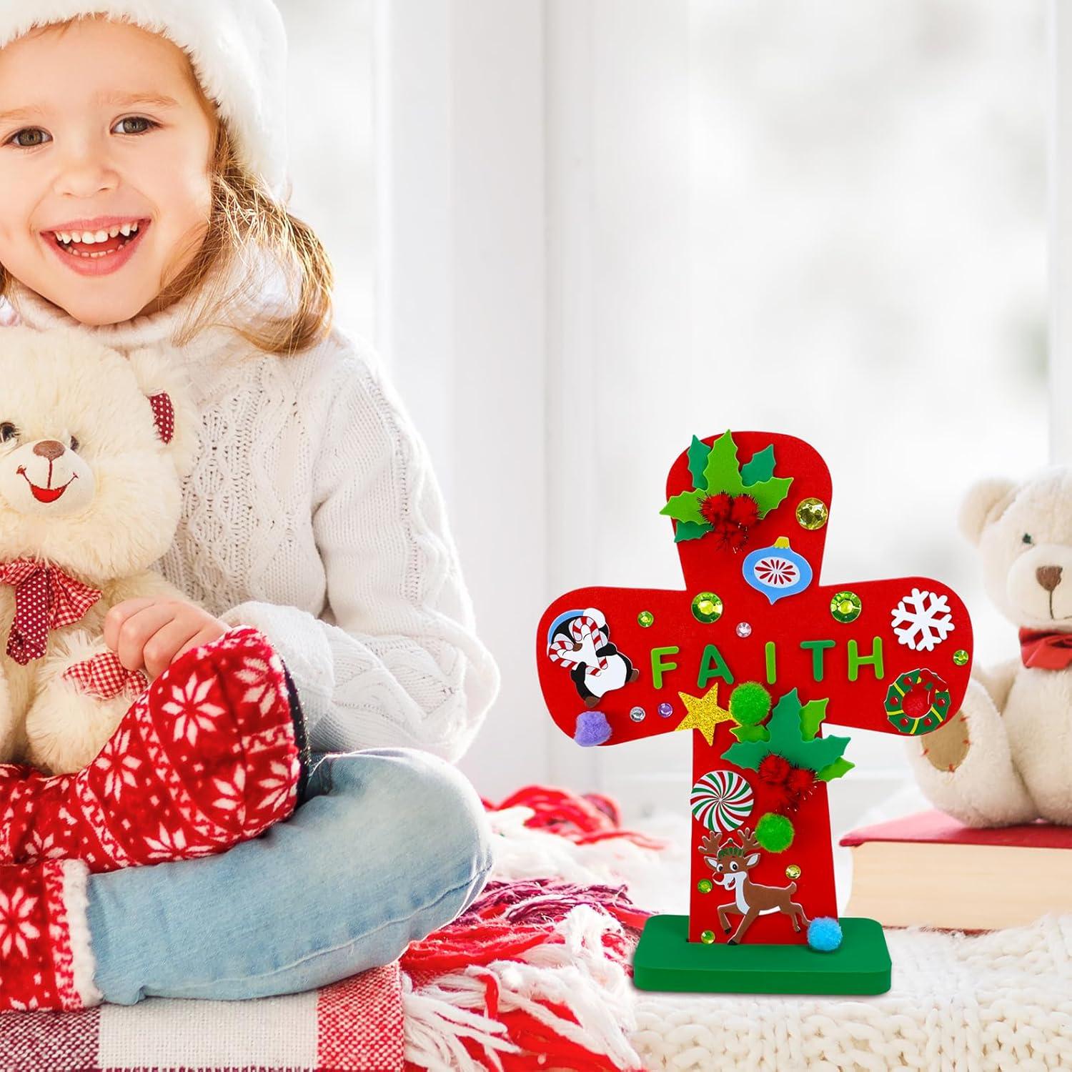 imageWinlyn 18 Set Christmas Craft Kits DIY Standup Cross Decorations Art Sets Snowman Snowflake Foam Stickers Arts and Crafts for Kids Party Classroom Sunday School VBS Activities