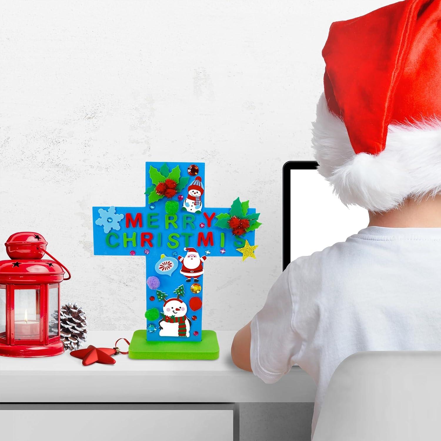 imageWinlyn 18 Set Christmas Craft Kits DIY Standup Cross Decorations Art Sets Snowman Snowflake Foam Stickers Arts and Crafts for Kids Party Classroom Sunday School VBS Activities