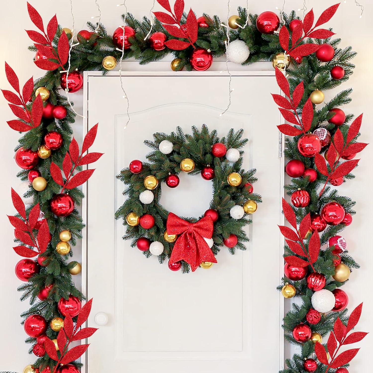 imageWinlyn 20 Pcs Pink Glitter Bay Leaf Sprays Artificial Christmas Tree Picks Sprays 127quot Tall for Pink Christmas Tree Wreath Swag Floral Arrangement Winter Wedding Bouquet Centerpiece DecorationRed