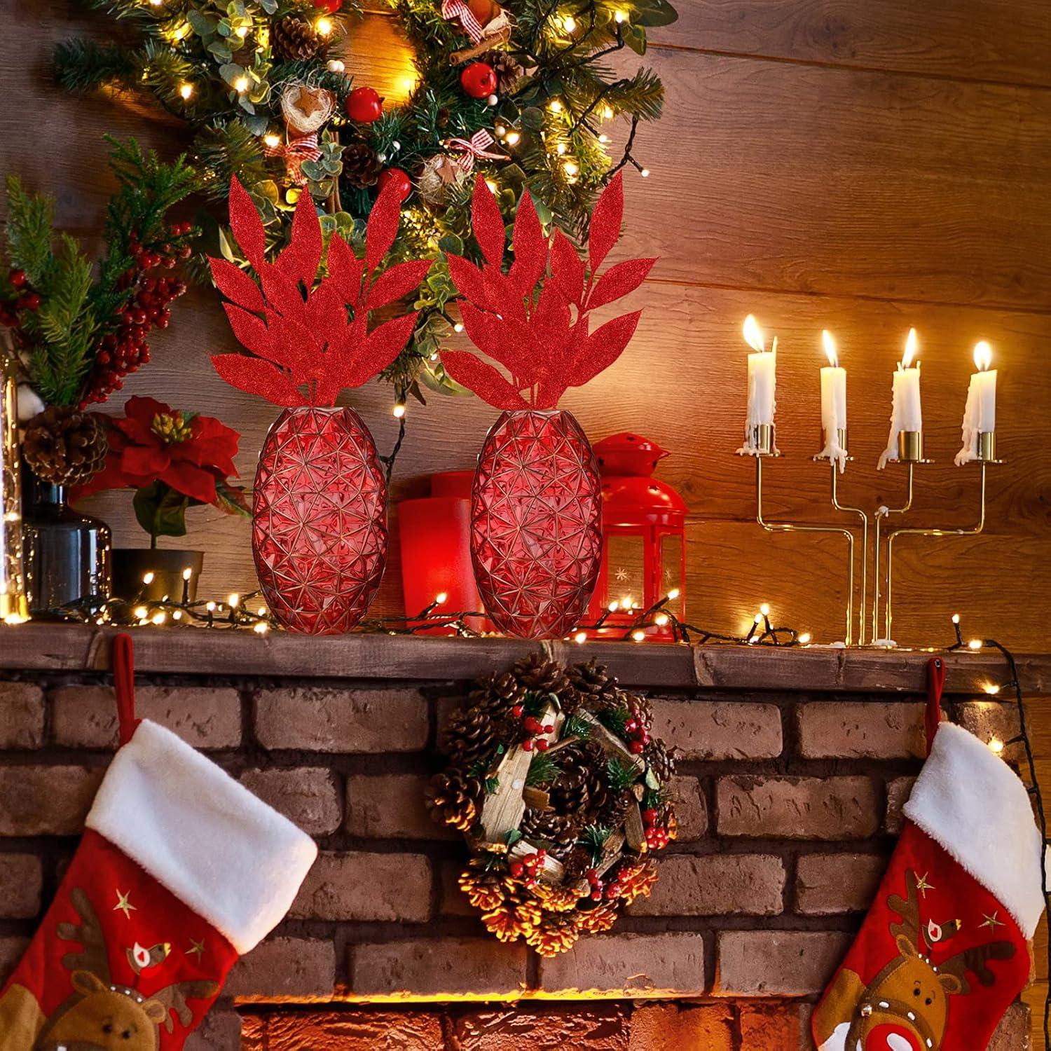 imageWinlyn 20 Pcs Pink Glitter Bay Leaf Sprays Artificial Christmas Tree Picks Sprays 127quot Tall for Pink Christmas Tree Wreath Swag Floral Arrangement Winter Wedding Bouquet Centerpiece DecorationRed