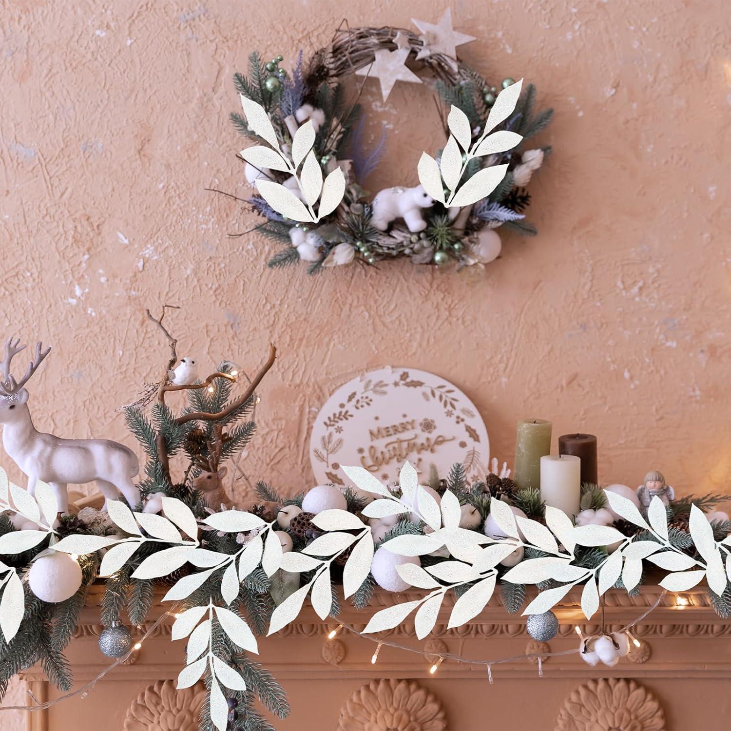 imageWinlyn 20 Pcs Pink Glitter Bay Leaf Sprays Artificial Christmas Tree Picks Sprays 127quot Tall for Pink Christmas Tree Wreath Swag Floral Arrangement Winter Wedding Bouquet Centerpiece DecorationWhite