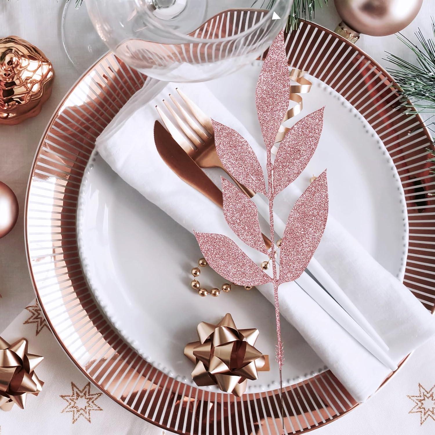 imageWinlyn 20 Pcs Pink Glitter Bay Leaf Sprays Artificial Christmas Tree Picks Sprays 127quot Tall for Pink Christmas Tree Wreath Swag Floral Arrangement Winter Wedding Bouquet Centerpiece DecorationRose Gold