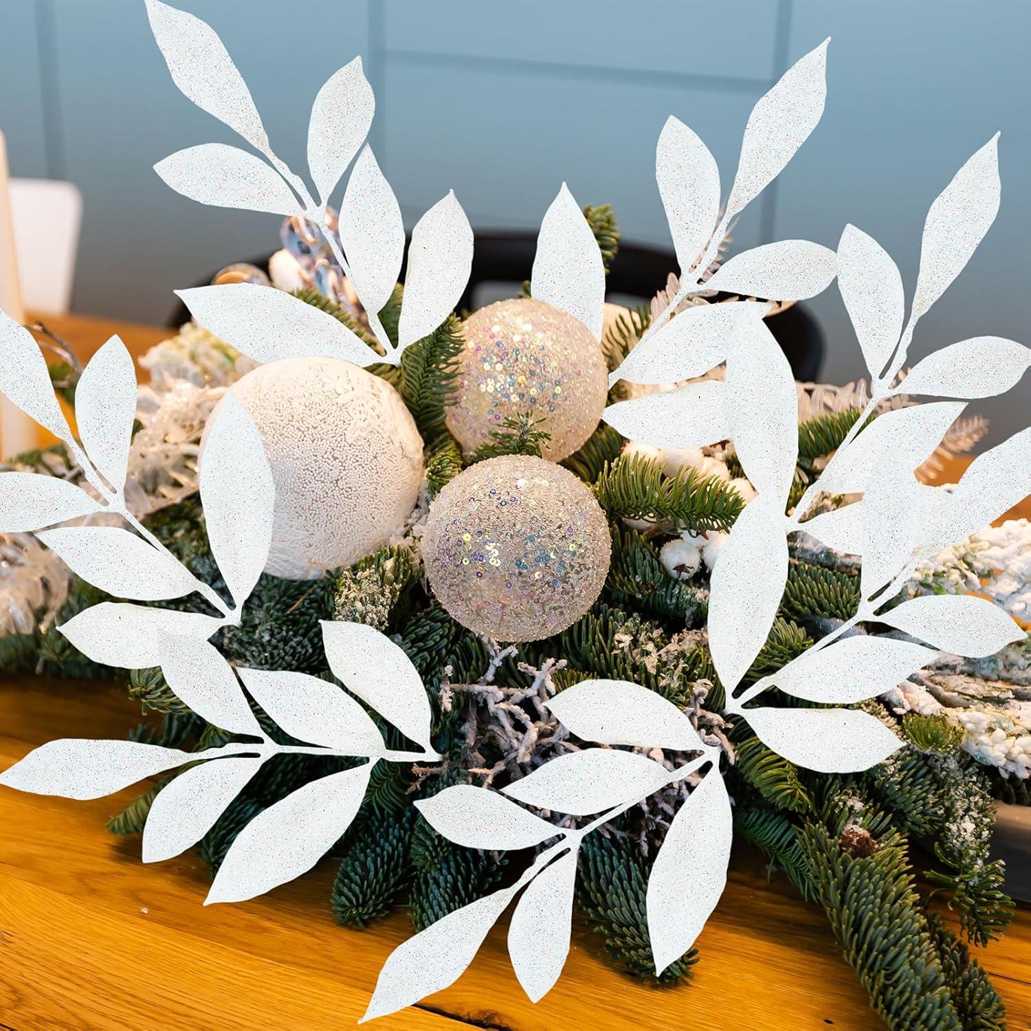 imageWinlyn 20 Pcs Pink Glitter Bay Leaf Sprays Artificial Christmas Tree Picks Sprays 127quot Tall for Pink Christmas Tree Wreath Swag Floral Arrangement Winter Wedding Bouquet Centerpiece DecorationWhite