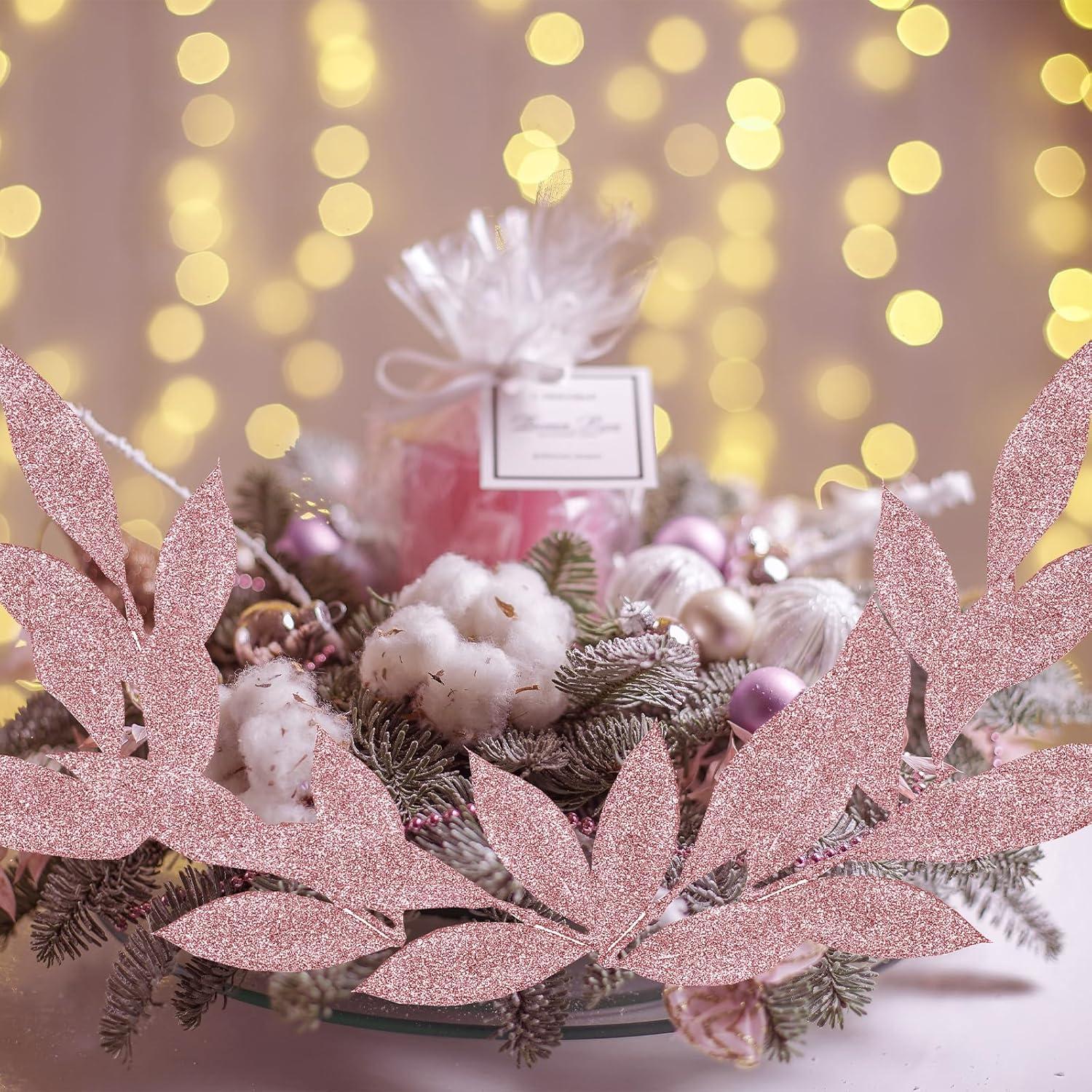 imageWinlyn 20 Pcs Pink Glitter Bay Leaf Sprays Artificial Christmas Tree Picks Sprays 127quot Tall for Pink Christmas Tree Wreath Swag Floral Arrangement Winter Wedding Bouquet Centerpiece DecorationRose Gold