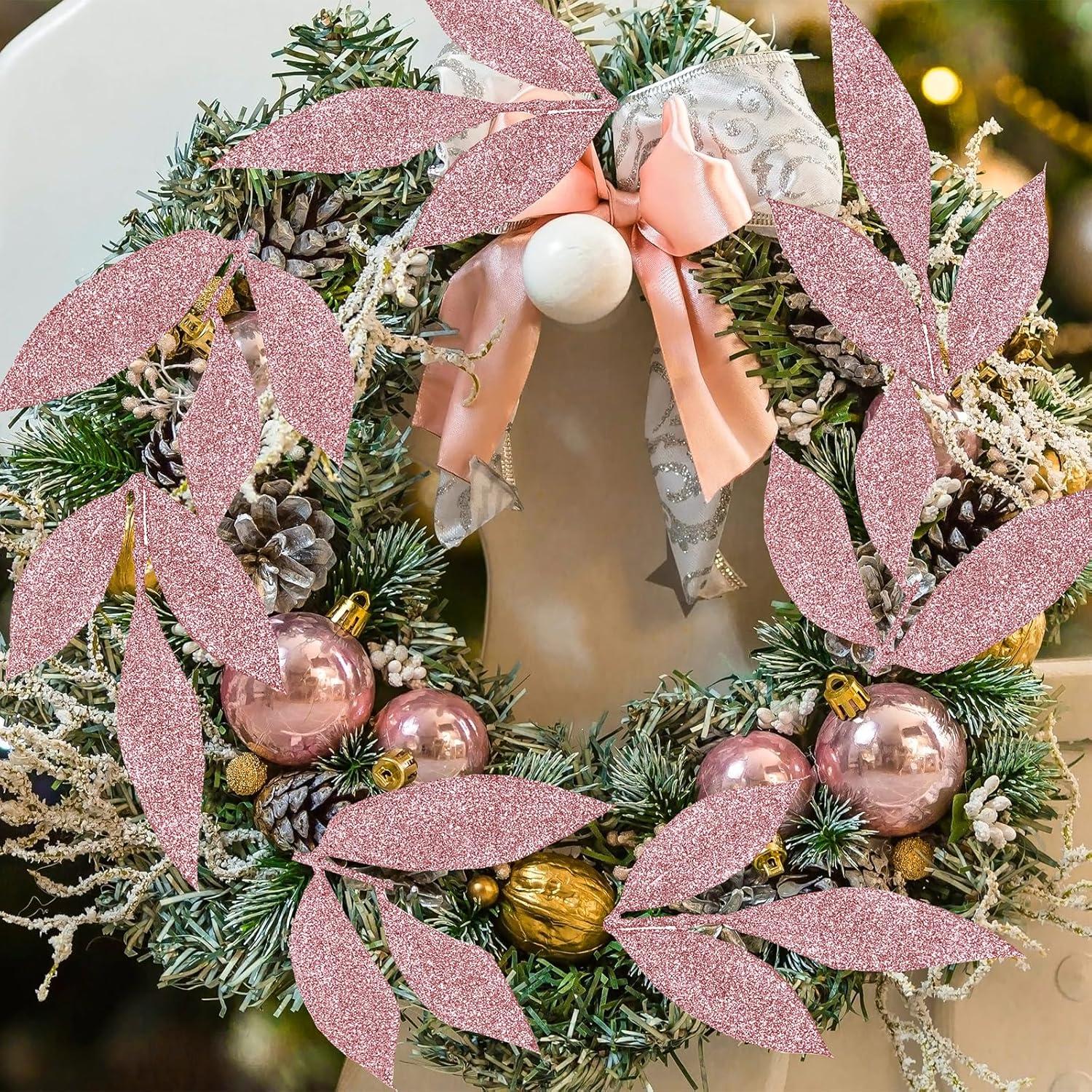 imageWinlyn 20 Pcs Pink Glitter Bay Leaf Sprays Artificial Christmas Tree Picks Sprays 127quot Tall for Pink Christmas Tree Wreath Swag Floral Arrangement Winter Wedding Bouquet Centerpiece DecorationRose Gold