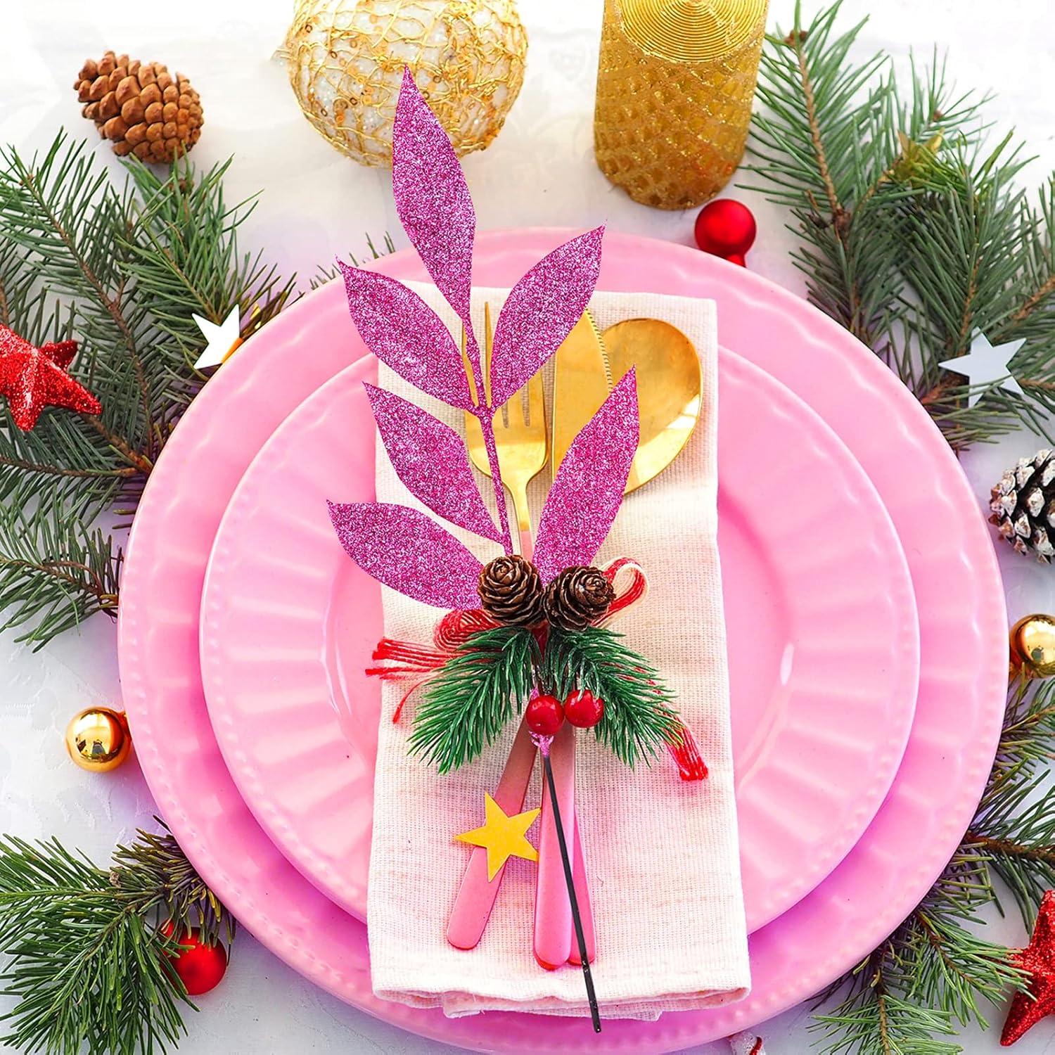 imageWinlyn 20 Pcs Pink Glitter Bay Leaf Sprays Artificial Christmas Tree Picks Sprays 127quot Tall for Pink Christmas Tree Wreath Swag Floral Arrangement Winter Wedding Bouquet Centerpiece DecorationPink