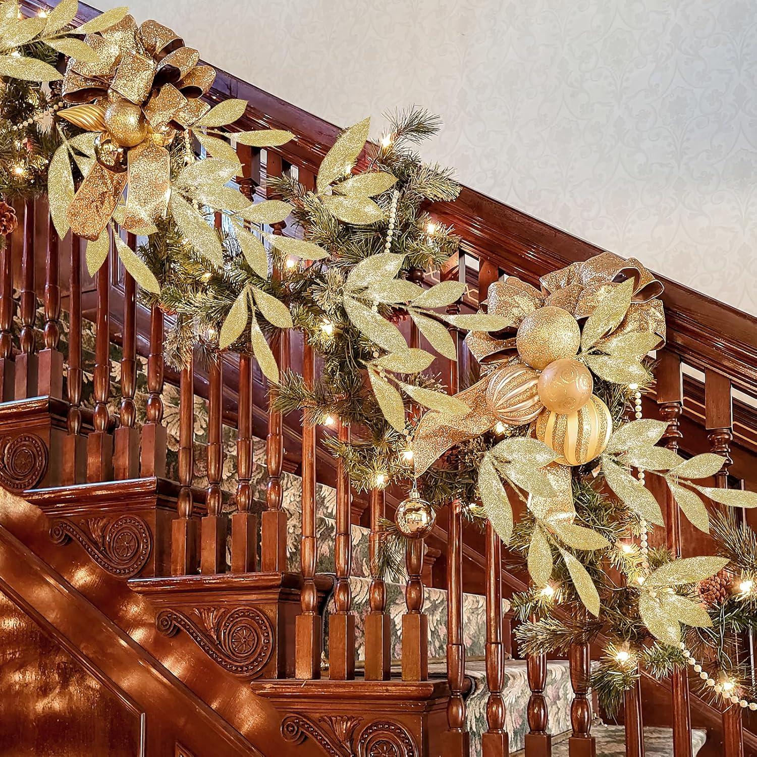 imageWinlyn 20 Pcs Pink Glitter Bay Leaf Sprays Artificial Christmas Tree Picks Sprays 127quot Tall for Pink Christmas Tree Wreath Swag Floral Arrangement Winter Wedding Bouquet Centerpiece DecorationChampagne