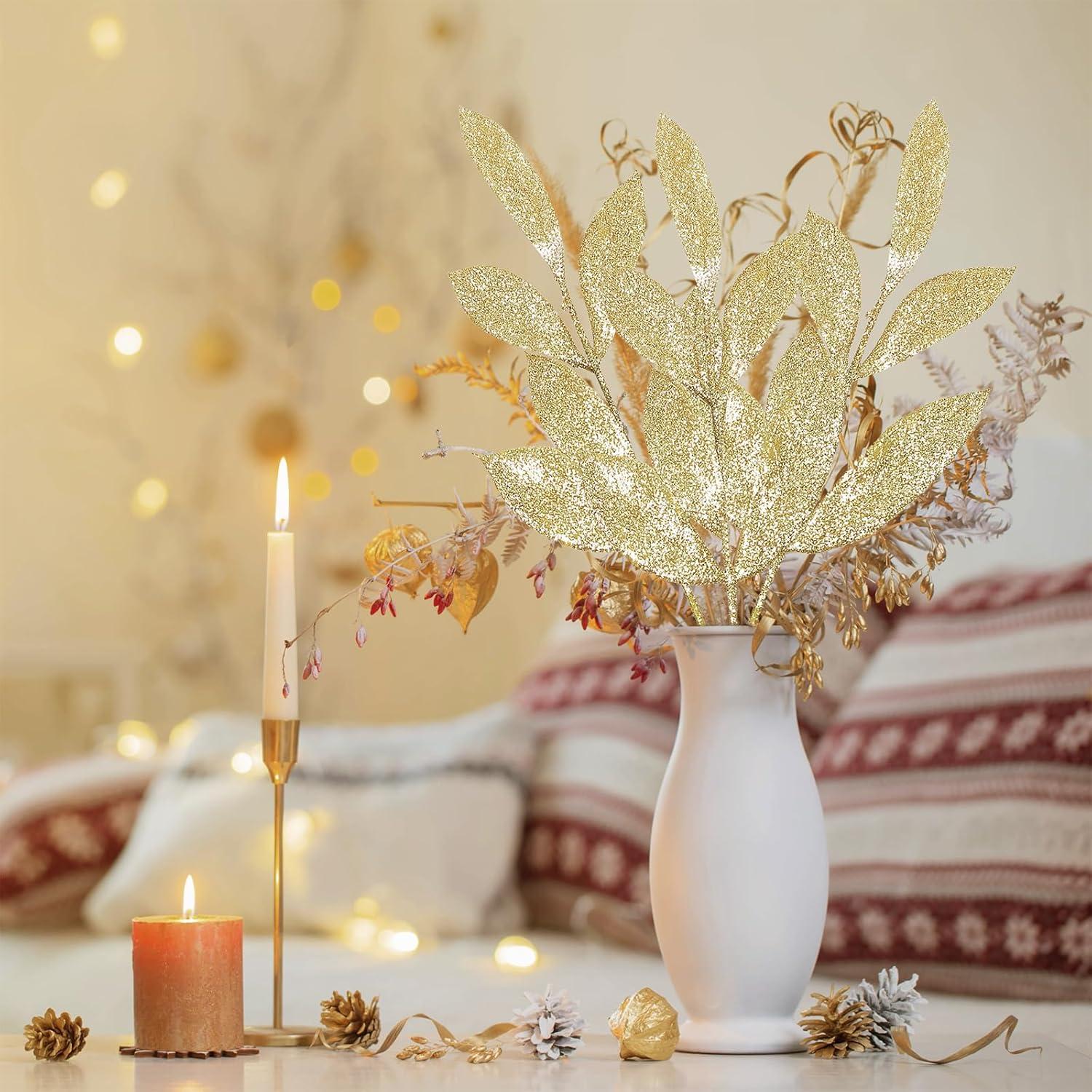 imageWinlyn 20 Pcs Pink Glitter Bay Leaf Sprays Artificial Christmas Tree Picks Sprays 127quot Tall for Pink Christmas Tree Wreath Swag Floral Arrangement Winter Wedding Bouquet Centerpiece DecorationChampagne