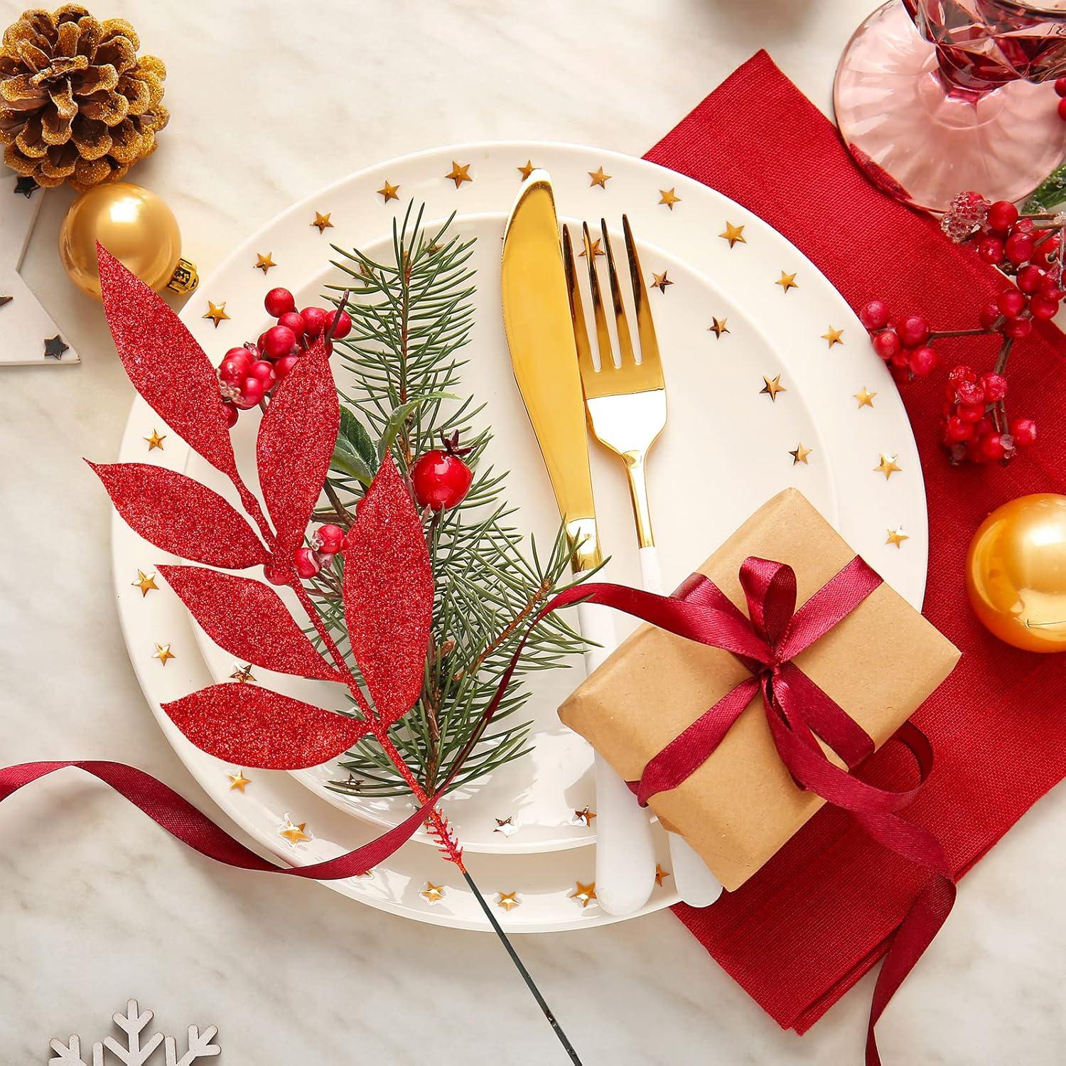 imageWinlyn 20 Pcs Pink Glitter Bay Leaf Sprays Artificial Christmas Tree Picks Sprays 127quot Tall for Pink Christmas Tree Wreath Swag Floral Arrangement Winter Wedding Bouquet Centerpiece DecorationRed