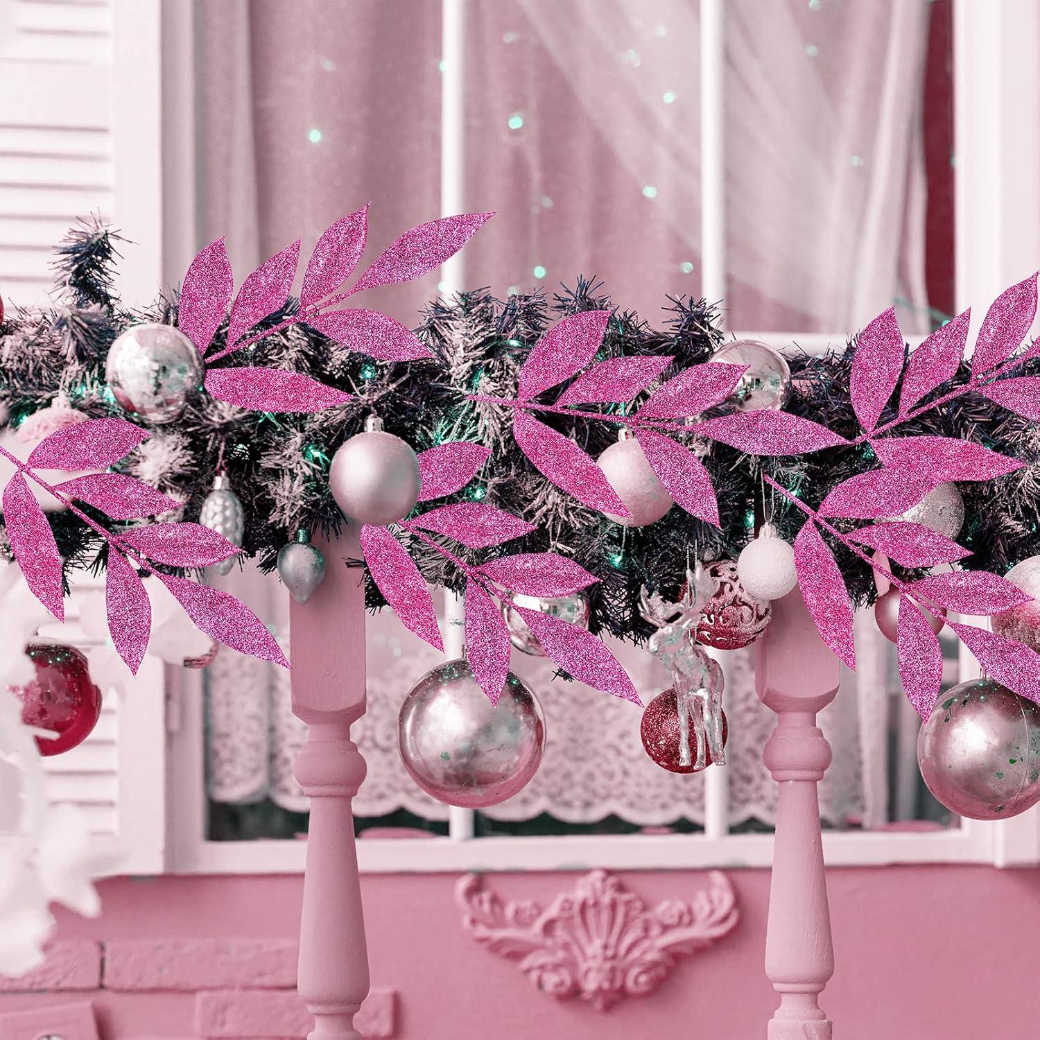 imageWinlyn 20 Pcs Pink Glitter Bay Leaf Sprays Artificial Christmas Tree Picks Sprays 127quot Tall for Pink Christmas Tree Wreath Swag Floral Arrangement Winter Wedding Bouquet Centerpiece DecorationPink