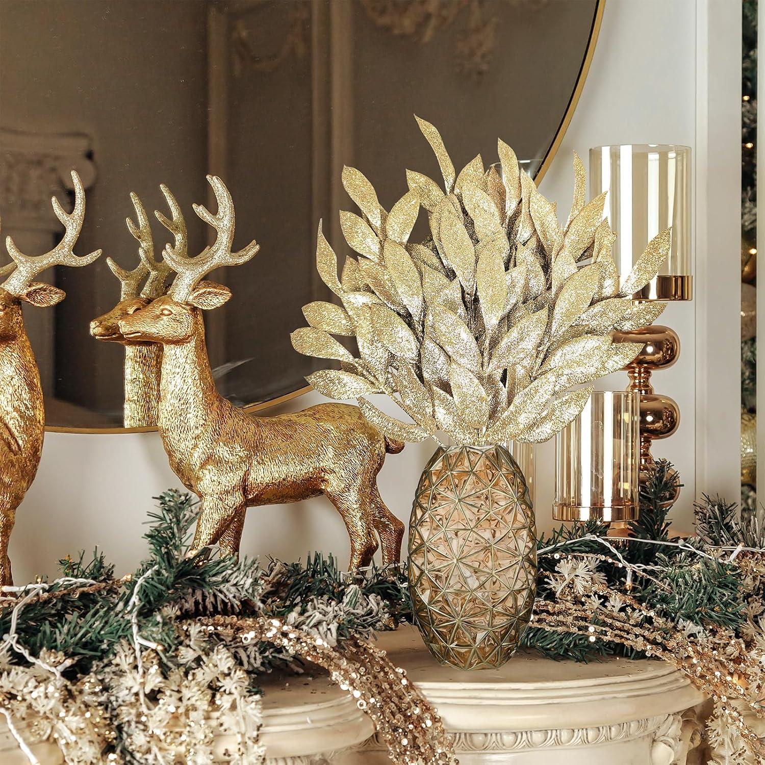 imageWinlyn 20 Pcs Pink Glitter Bay Leaf Sprays Artificial Christmas Tree Picks Sprays 127quot Tall for Pink Christmas Tree Wreath Swag Floral Arrangement Winter Wedding Bouquet Centerpiece DecorationChampagne