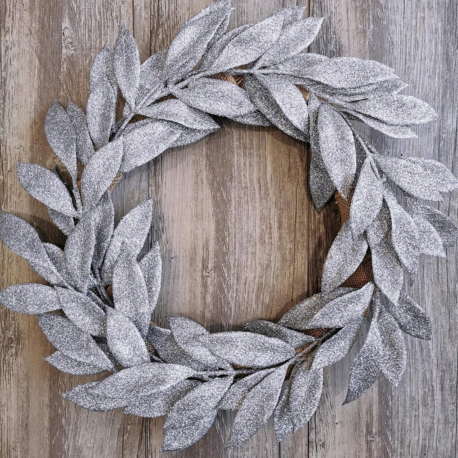 imageWinlyn 20 Pcs Pink Glitter Bay Leaf Sprays Artificial Christmas Tree Picks Sprays 127quot Tall for Pink Christmas Tree Wreath Swag Floral Arrangement Winter Wedding Bouquet Centerpiece DecorationSilver