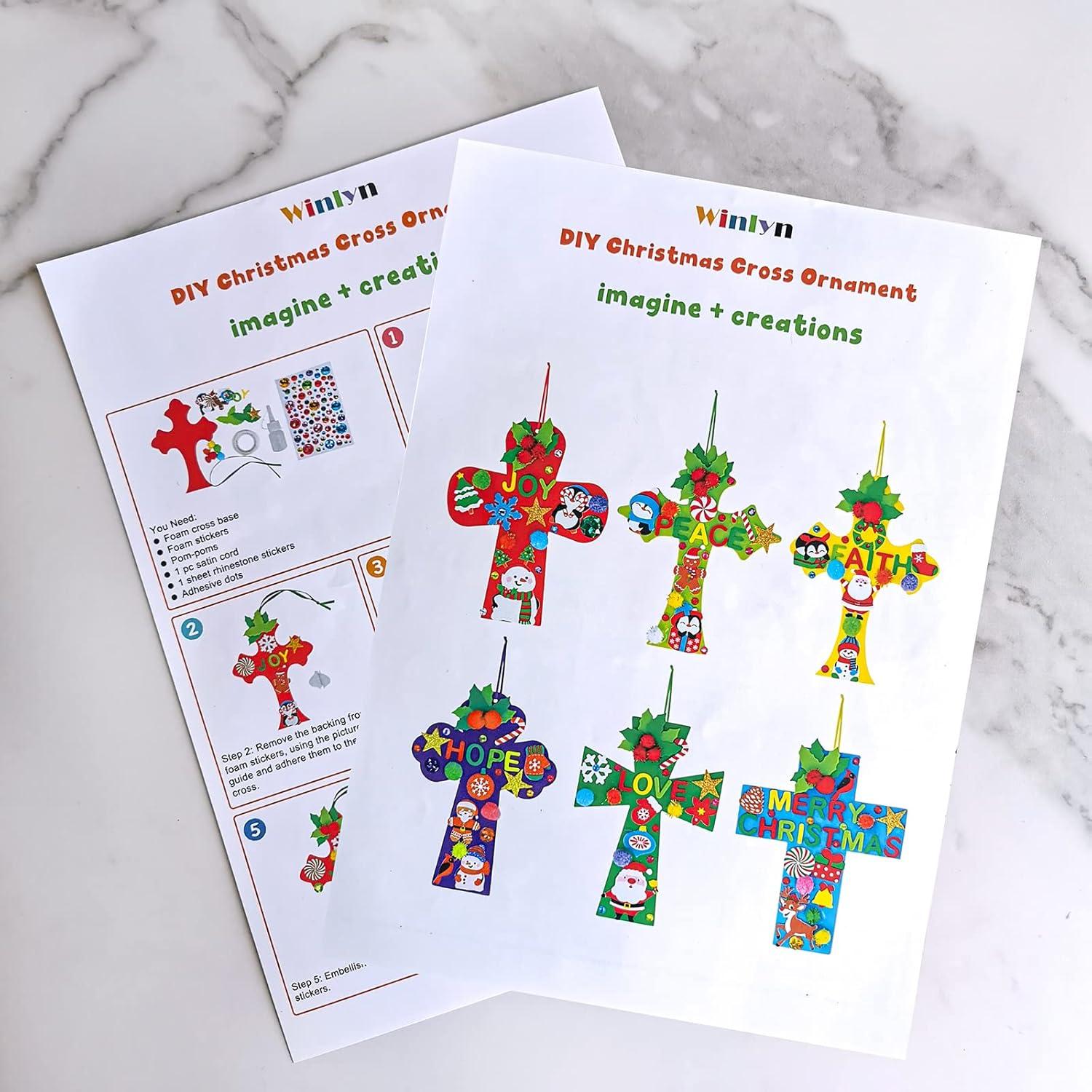 imageWinlyn 24 Sets Christmas Craft Kits DIY Christmas Cross Ornaments Decorations Art Sets Snowman Snowflake Christmas Foam Stickers Arts and Crafts for Kids Party Classroom Sunday School VBS Activities