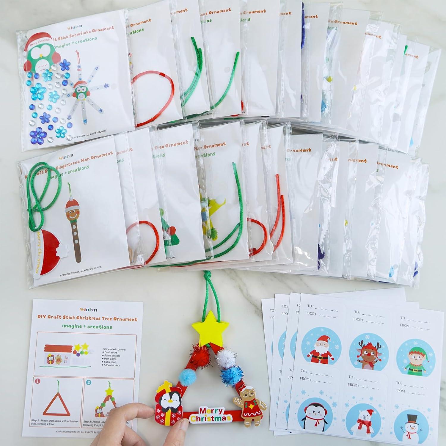 imageWinlyn 24 Sets Christmas Craft Kits Popsicle Stick Christmas Ornaments Winter Crafts DIY Craft Stick Santa Snowman Elf Reindeer Ornaments Art Sets for Kids Holiday Classroom Activities Party Favors