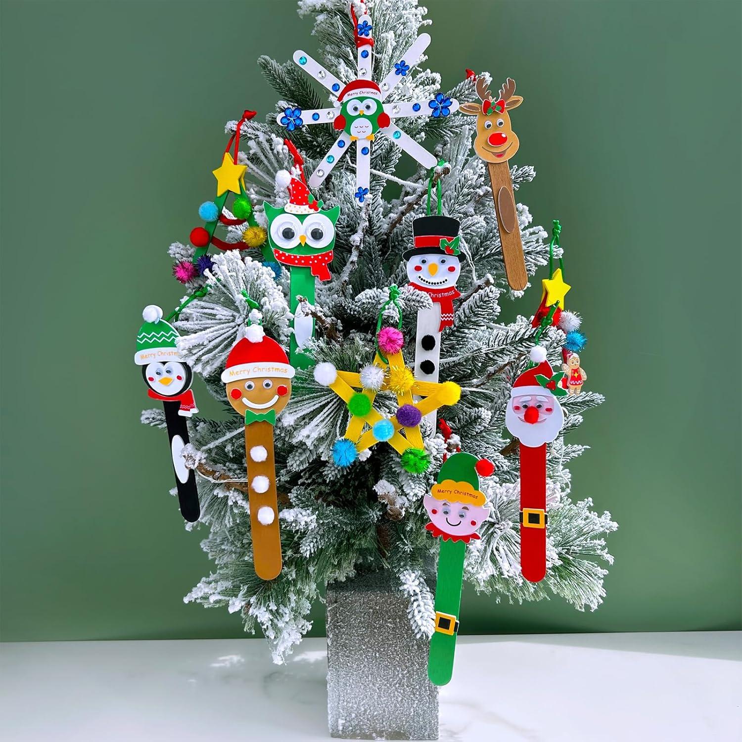 imageWinlyn 24 Sets Christmas Craft Kits Popsicle Stick Christmas Ornaments Winter Crafts DIY Craft Stick Santa Snowman Elf Reindeer Ornaments Art Sets for Kids Holiday Classroom Activities Party Favors