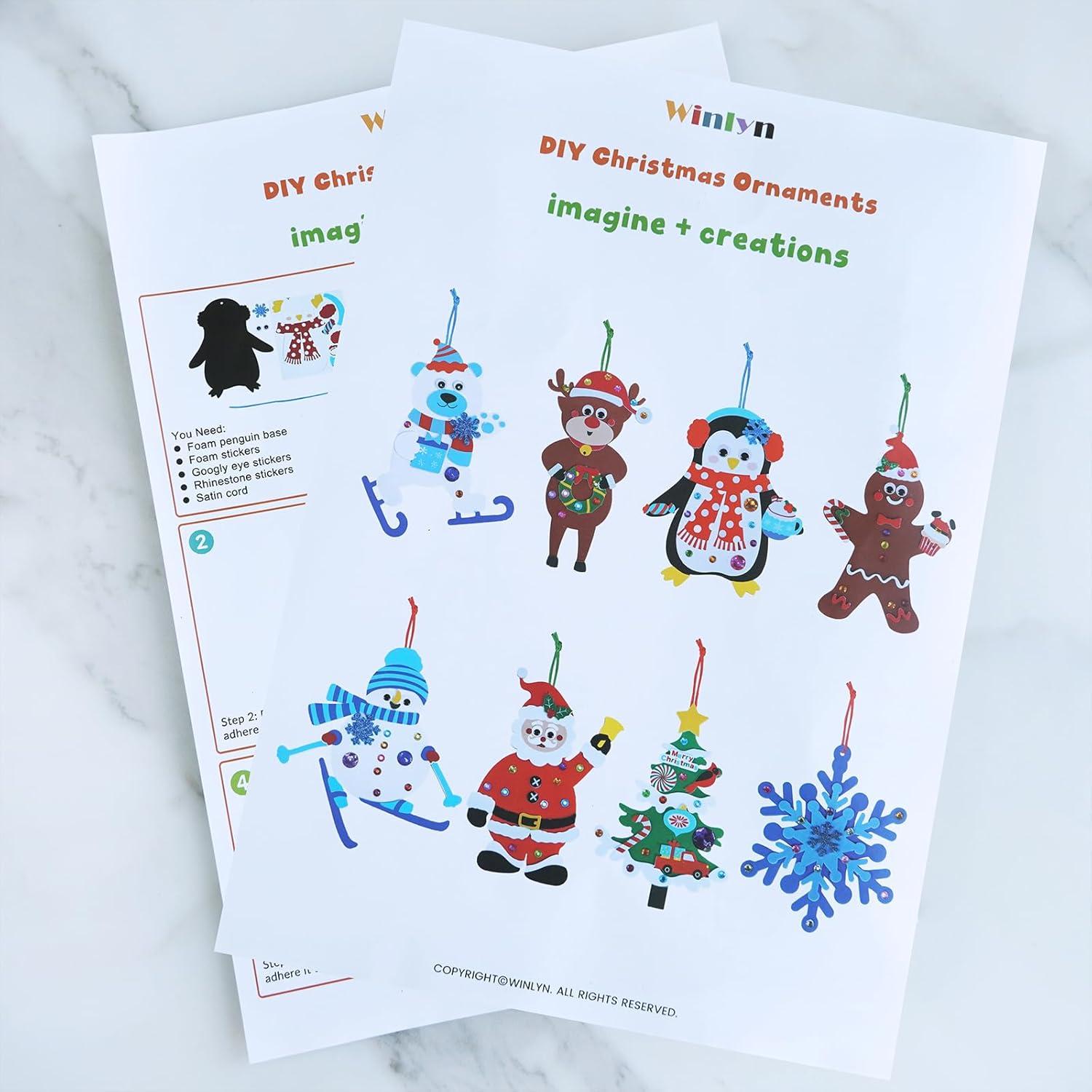 imageWinlyn 24 Sets Christmas Craft Kits Winter Crafts DIY Christmas Ornaments Decorations Art Sets Foam Santa Reindeer Snowman Christmas Stickers for Kids Holiday Season Classroom Activities Party Favors