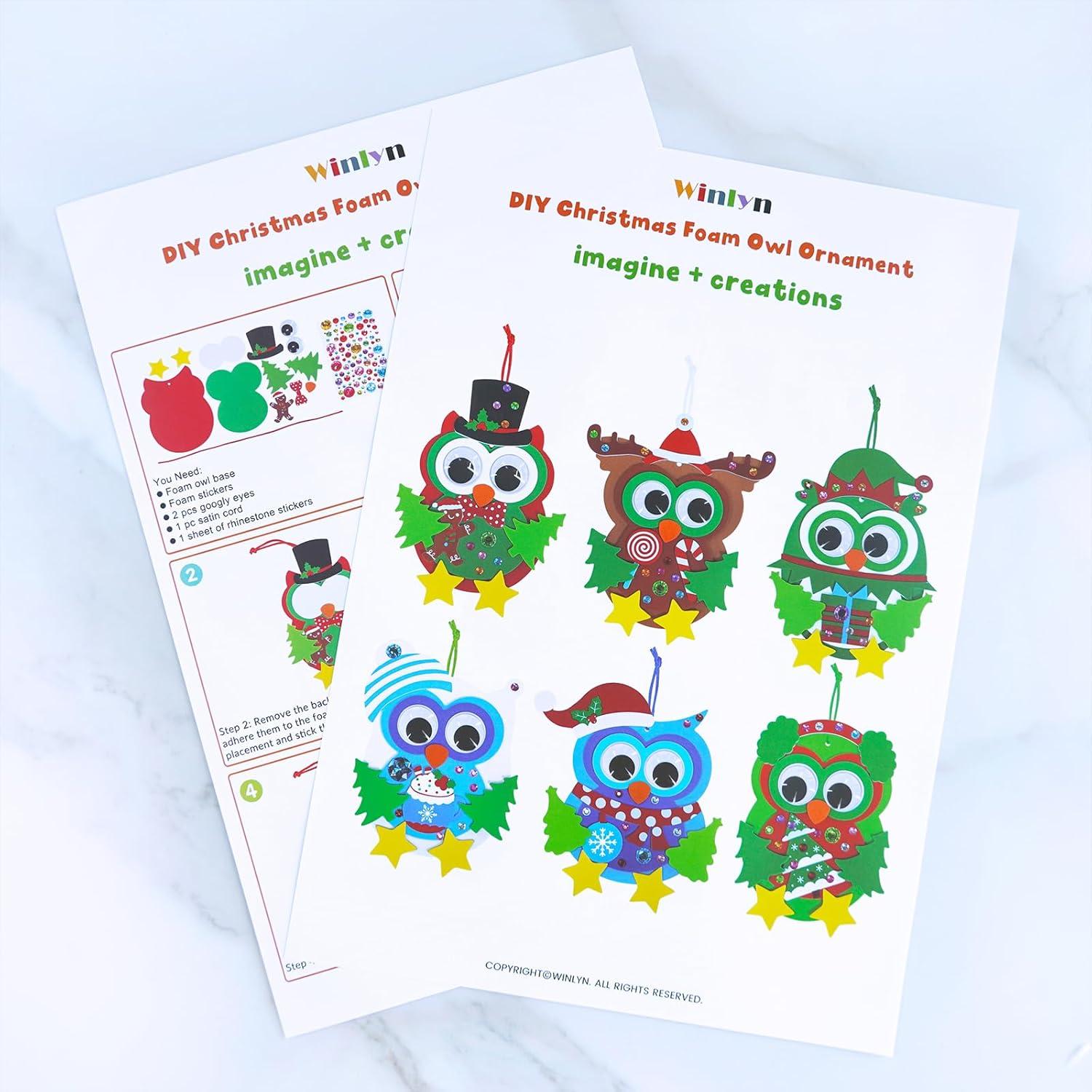 imageWinlyn 24 Sets Christmas Craft Kits Winter Crafts DIY Christmas Owl Ornaments Decorations Art Sets Foam Owl Christmas Tree Holiday Stickers for Kids Festival Home Classroom Activities Party Favors
