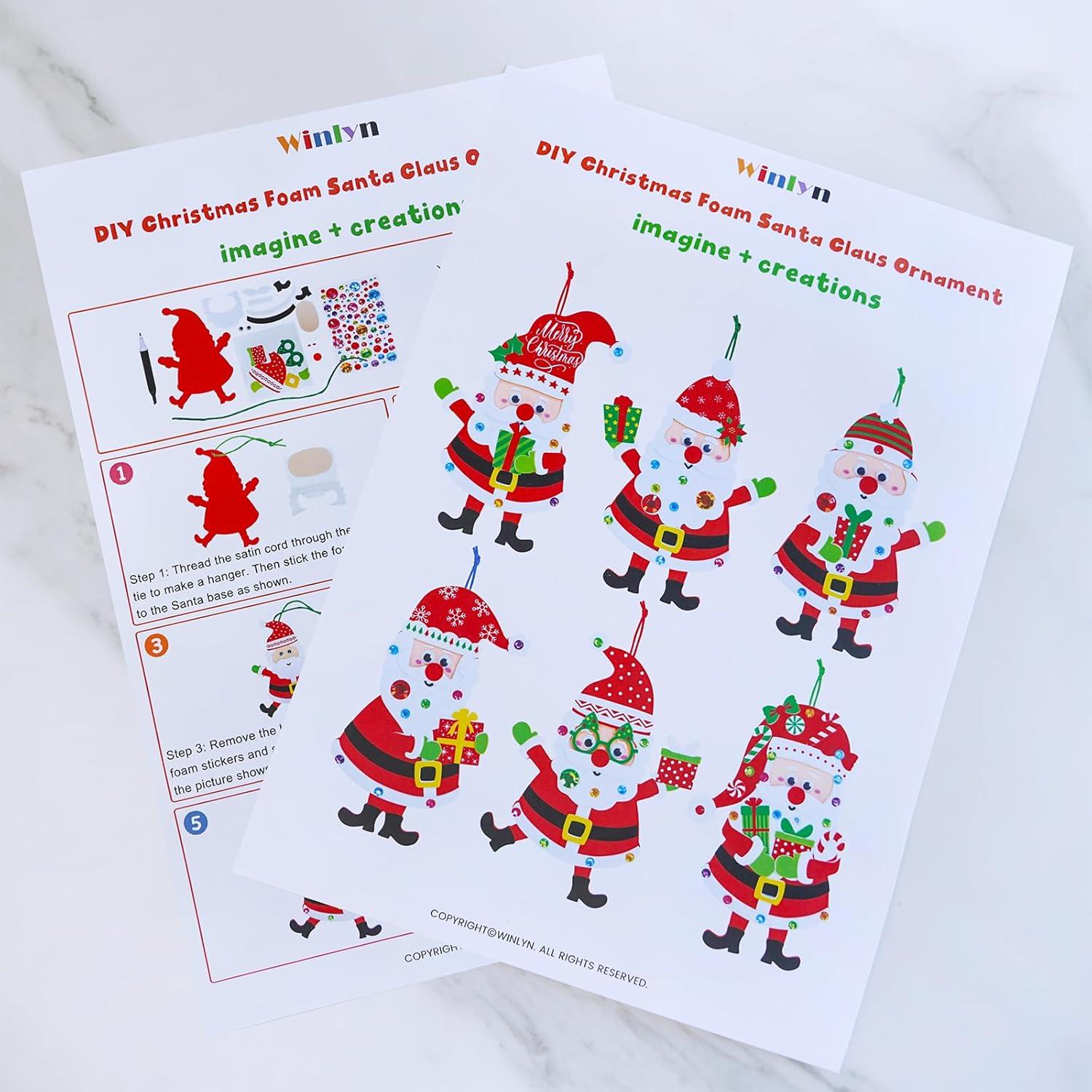 imageWinlyn 24 Sets Christmas Craft Kits Winter Crafts DIY Christmas Santa Ornaments Decorations Arts Sets Foam Santa Christmas Stickers for Kids Holiday Festive Home Classroom Activities Party Favors