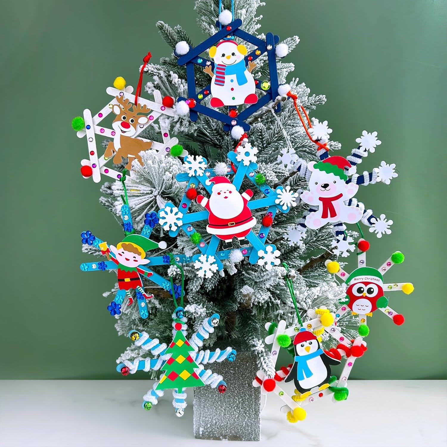 imageWinlyn 24 Sets Christmas Craft Kits Winter Crafts Popsicle Stick Snowflake Ornaments Decorations Art Sets Craft Stick Snowflake Christmas Stickers for Kids Holiday Classroom Activities Party Favors