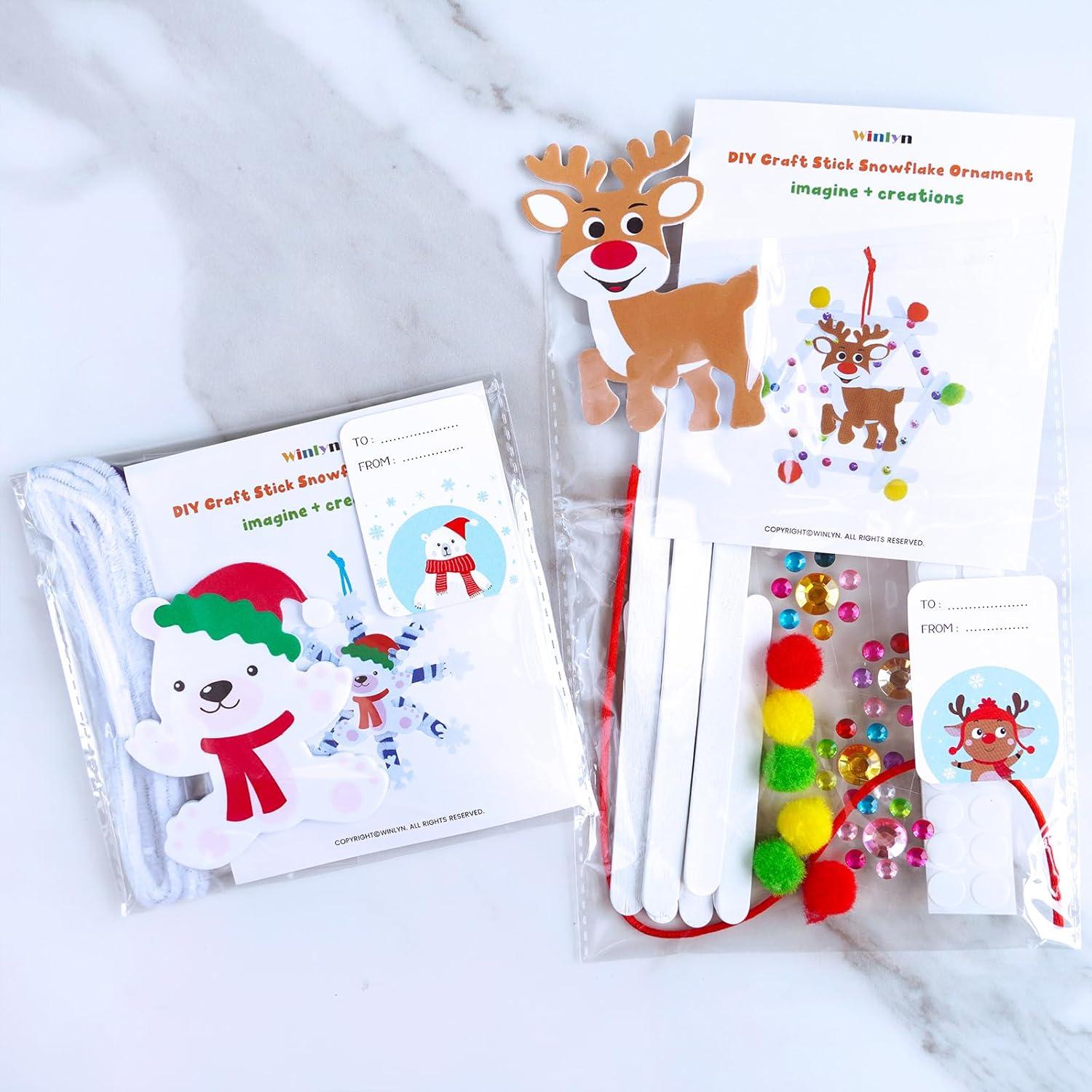 imageWinlyn 24 Sets Christmas Craft Kits Winter Crafts Popsicle Stick Snowflake Ornaments Decorations Art Sets Craft Stick Snowflake Christmas Stickers for Kids Holiday Classroom Activities Party Favors