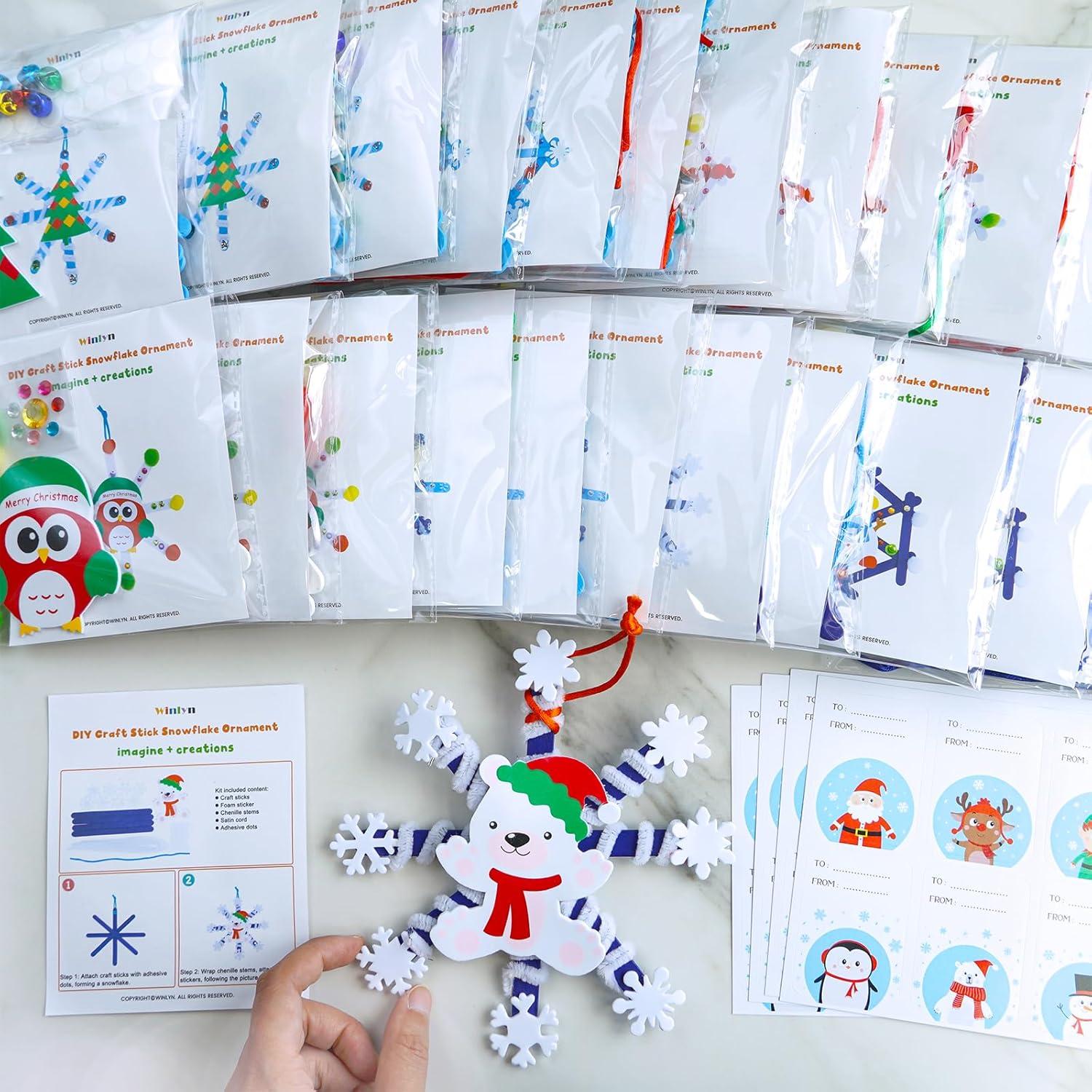 imageWinlyn 24 Sets Christmas Craft Kits Winter Crafts Popsicle Stick Snowflake Ornaments Decorations Art Sets Craft Stick Snowflake Christmas Stickers for Kids Holiday Classroom Activities Party Favors
