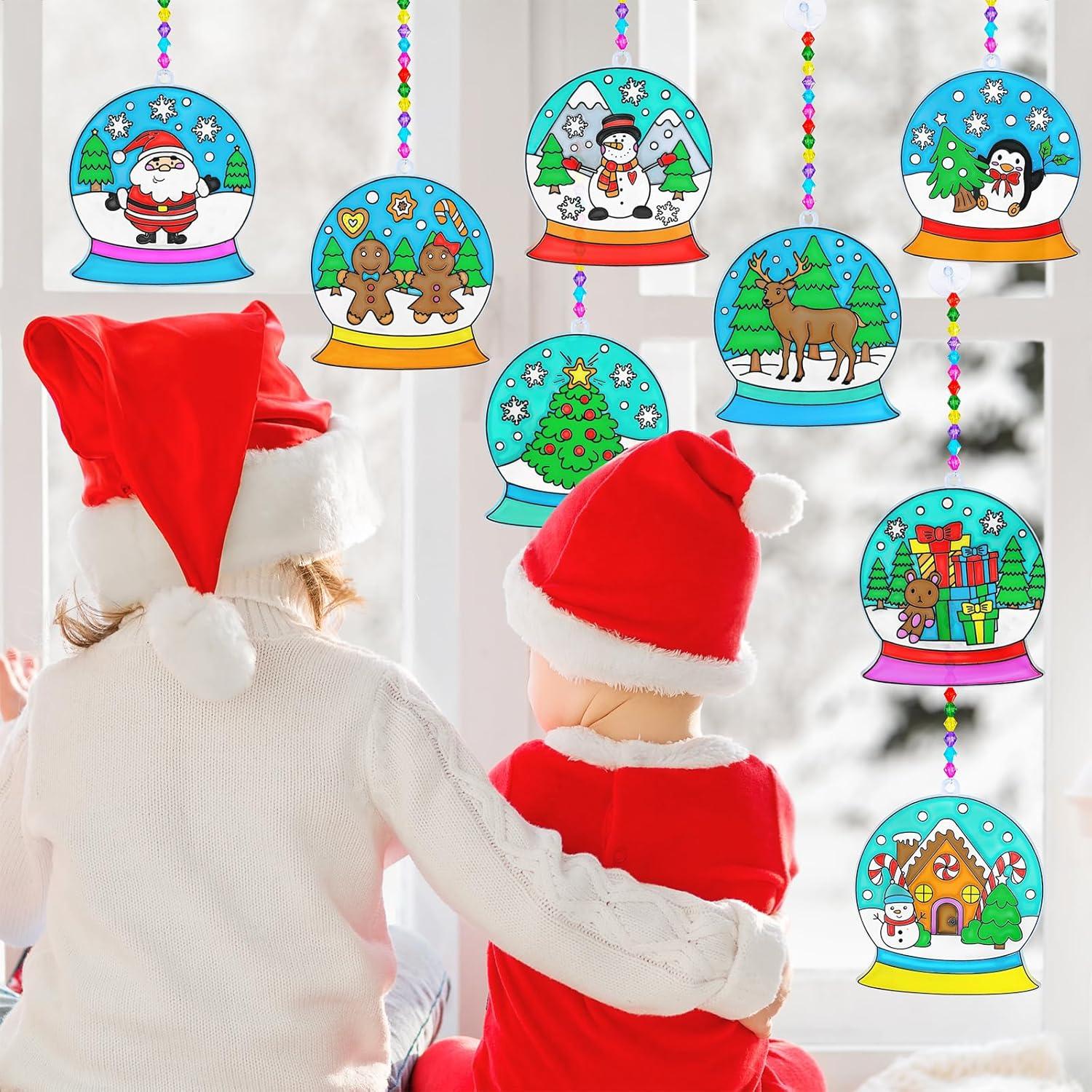 imageWinlyn 24 Sets Christmas Snow Globe Suncatcher Ornaments DIY Window Paint Art Suncatchers Craft Kits Winter Christmas Snow Globe Sun Catchers for Kids Holiday Classroom Party Decorations Art Project