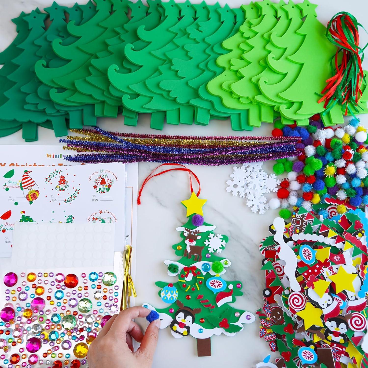 imageWinlyn 24 Sets Christmas Tree Ornaments Decorations Art Sets DIY Christmas Craft Kits Pine Tree Snowman Snowflake Penguin Foam Stickers Arts and Crafts for Kids Party Favors Home Classroom Activities