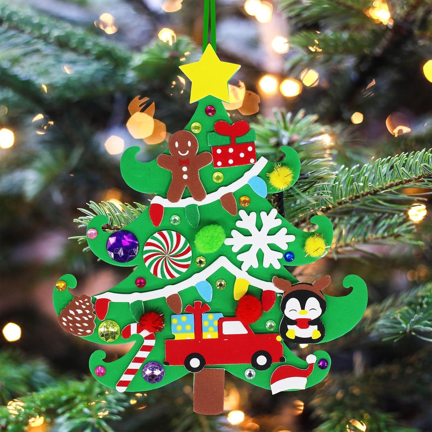 imageWinlyn 24 Sets Christmas Tree Ornaments Decorations Art Sets DIY Christmas Craft Kits Pine Tree Snowman Snowflake Penguin Foam Stickers Arts and Crafts for Kids Party Favors Home Classroom Activities