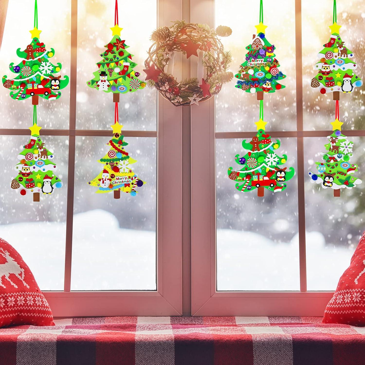 imageWinlyn 24 Sets Christmas Tree Ornaments Decorations Art Sets DIY Christmas Craft Kits Pine Tree Snowman Snowflake Penguin Foam Stickers Arts and Crafts for Kids Party Favors Home Classroom Activities