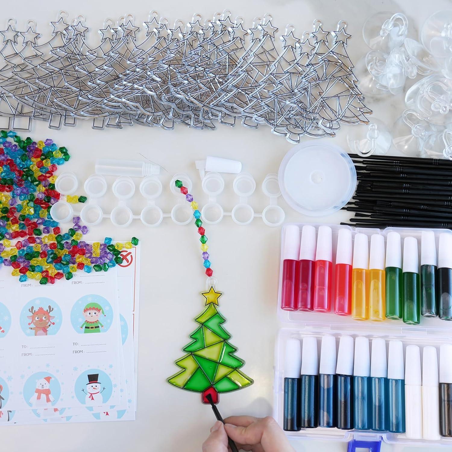 imageWinlyn 24 Sets Christmas Tree Suncatchers Ornaments Decorations DIY Window Paint Art Suncatchers Winter Crafts Painting Kits for Kids Classroom Activities Art Project Party Favors