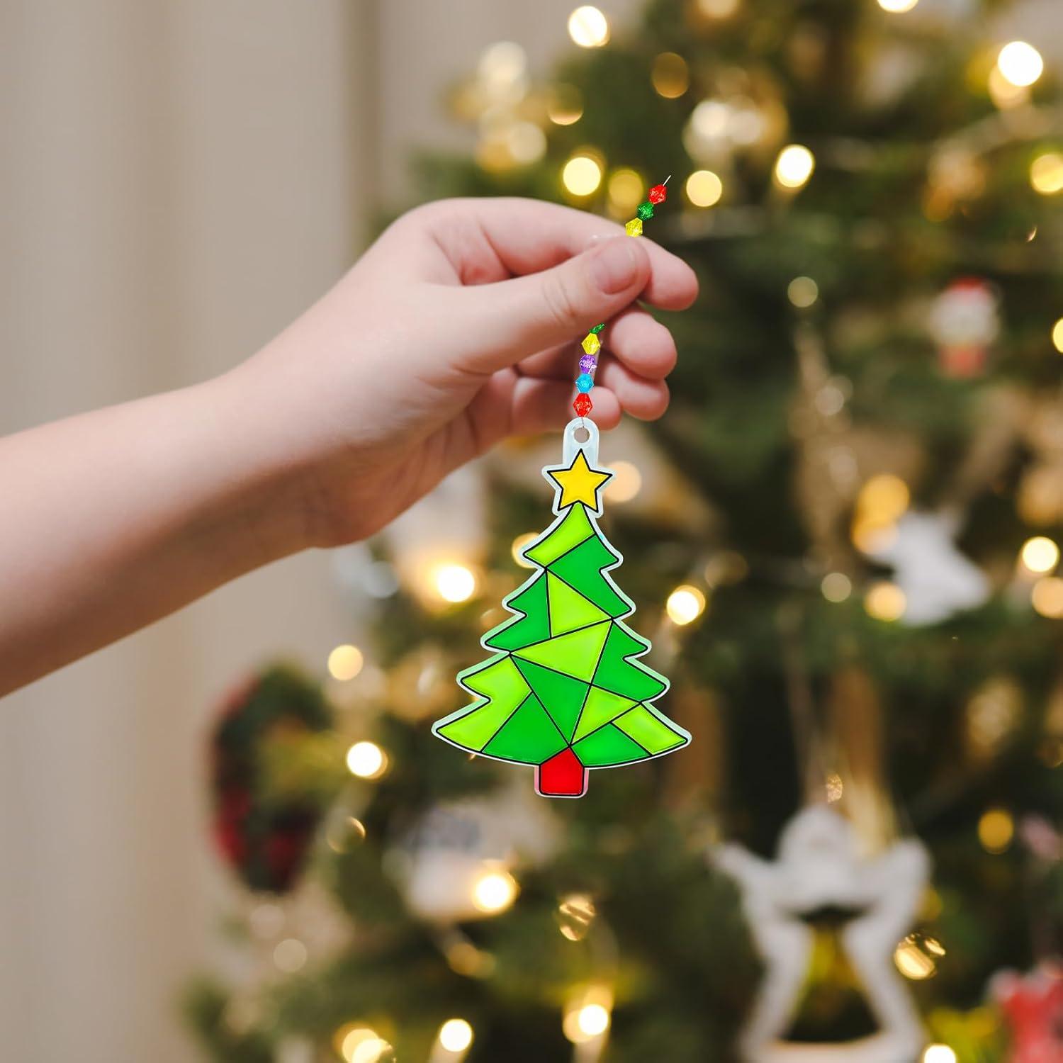 imageWinlyn 24 Sets Christmas Tree Suncatchers Ornaments Decorations DIY Window Paint Art Suncatchers Winter Crafts Painting Kits for Kids Classroom Activities Art Project Party Favors