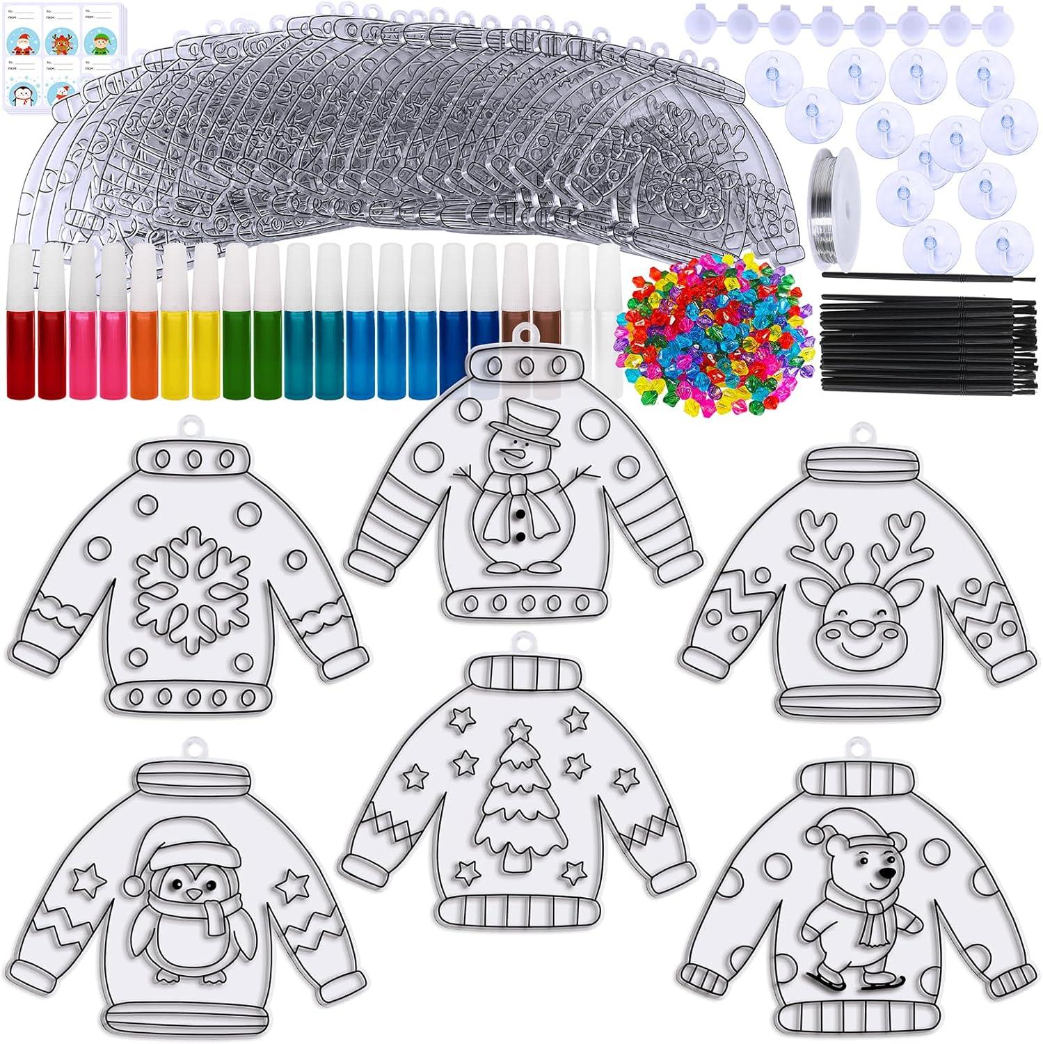 imageWinlyn 24 Sets Christmas Ugly Sweater Suncatchers Ornaments Decorations DIY Window Paint Art Suncatchers Winter Crafts Painting Kits for Kids Classroom Activities Art Project Party Favors