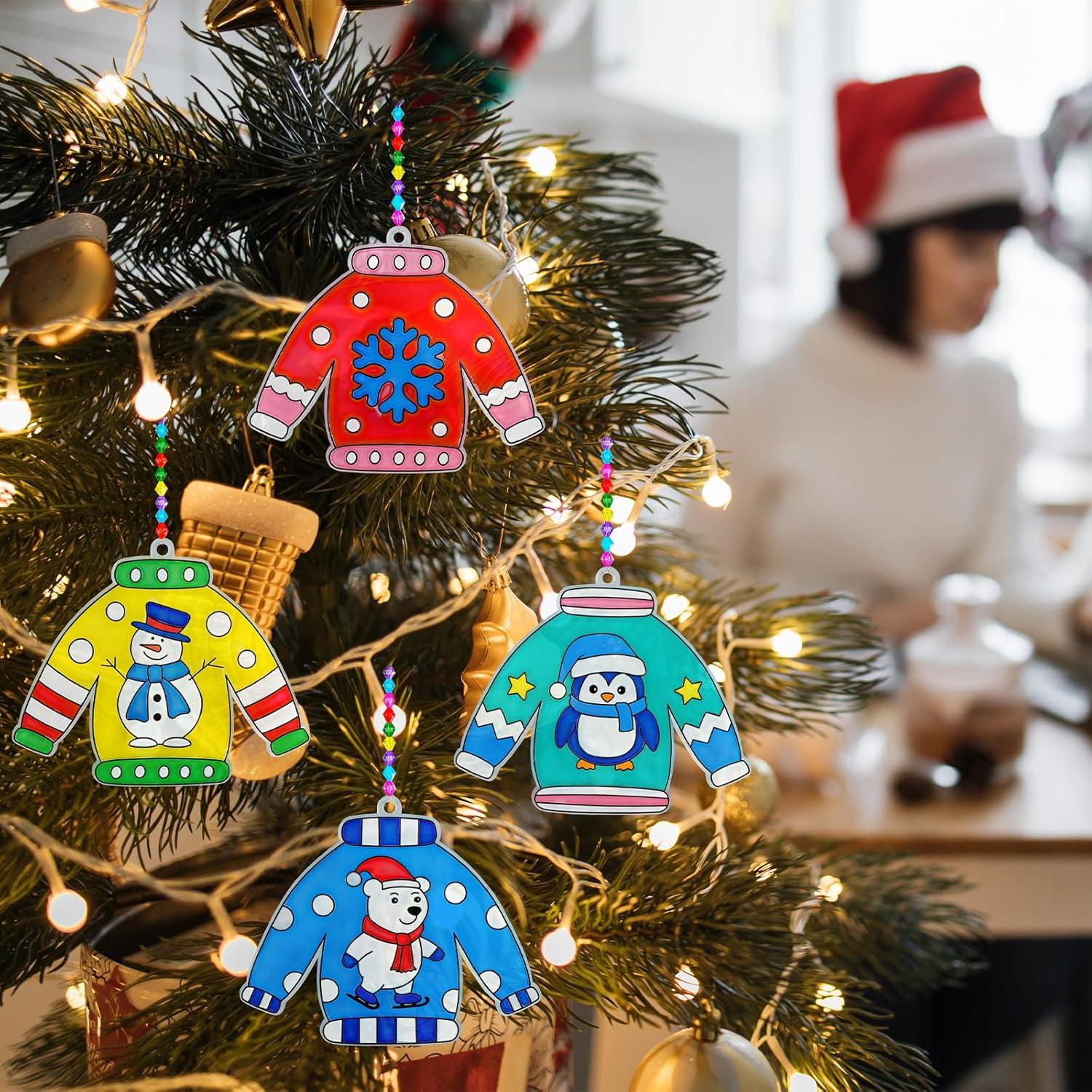 imageWinlyn 24 Sets Christmas Ugly Sweater Suncatchers Ornaments Decorations DIY Window Paint Art Suncatchers Winter Crafts Painting Kits for Kids Classroom Activities Art Project Party Favors