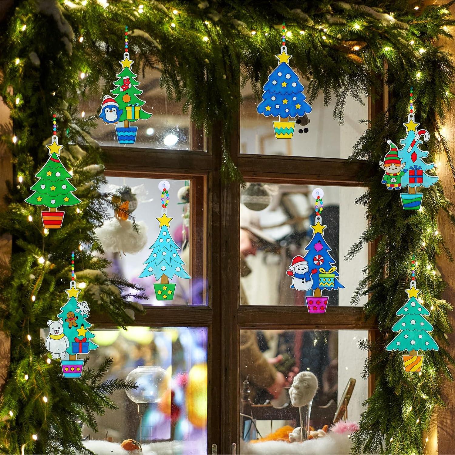 imageWinlyn 24 Sets Potted Christmas Tree Suncatchers Ornaments Decorations DIY Window Paint Art Suncatchers Winter Crafts Painting Kits for Kids Classroom Activities Art Project Party Favors