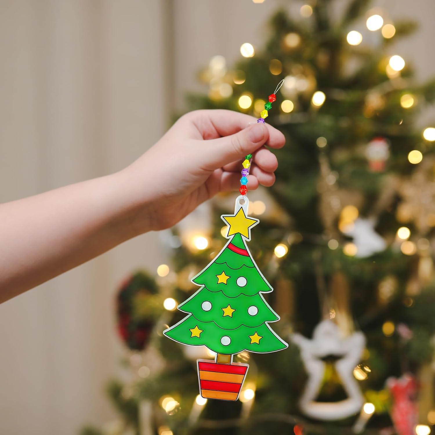 imageWinlyn 24 Sets Potted Christmas Tree Suncatchers Ornaments Decorations DIY Window Paint Art Suncatchers Winter Crafts Painting Kits for Kids Classroom Activities Art Project Party Favors