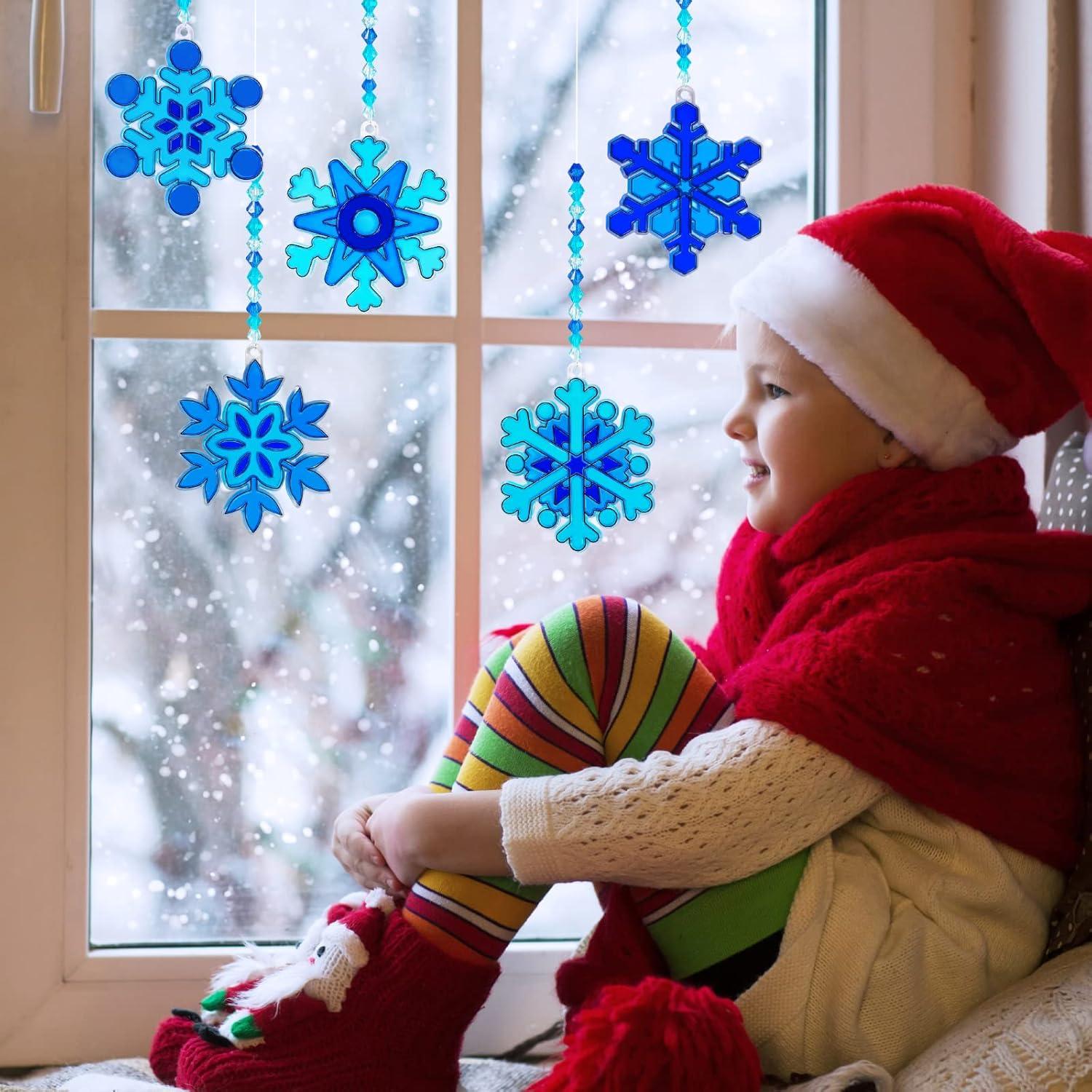 imageWinlyn 24 Sets Snowflake Suncatchers Ornaments Decorations DIY Window Paint Art Suncatchers Christmas Craft Kits Hanging Snowflake Sun Catchers for Kids Christmas Winter Home Classroom Party Activity