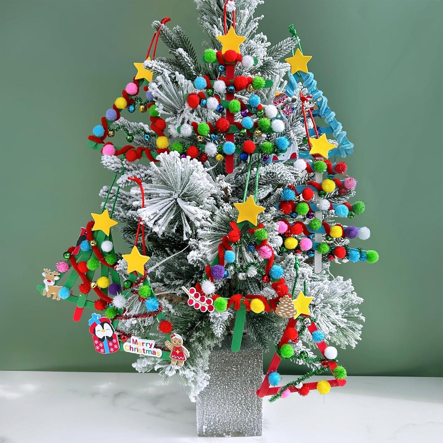 imageWinlyn 27 Sets Christmas Craft Kits Winter Crafts Popsicle Stick Christmas Tree Ornaments Decorations Art Sets Craft Sticks Christmas Foam Stickers for Kids Holiday Classroom Activities Party Favors