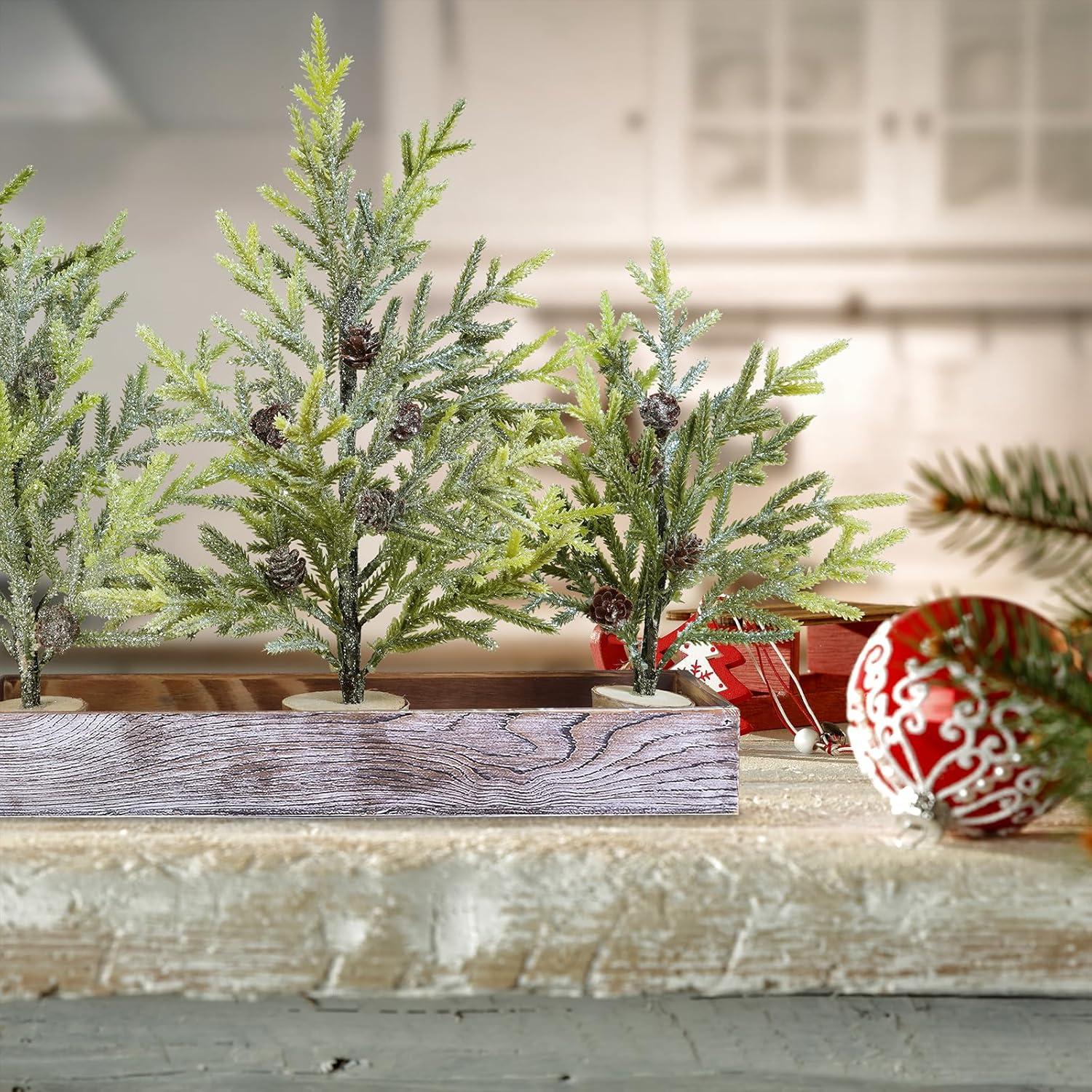 imageWinlyn 3 Pack Mini Frosted Artificial Pine Trees with Pinecones and Wood Bases Small Christmas Tabletop Trees in Rustic Wooden Planter for Farmhouse Christmas Holiday Decorations Table Centerpiece