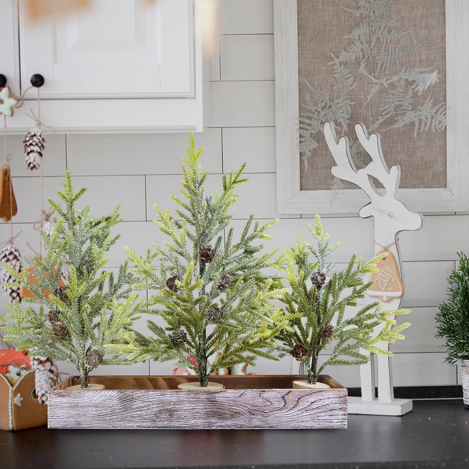 imageWinlyn 3 Pack Mini Frosted Artificial Pine Trees with Pinecones and Wood Bases Small Christmas Tabletop Trees in Rustic Wooden Planter for Farmhouse Christmas Holiday Decorations Table Centerpiece
