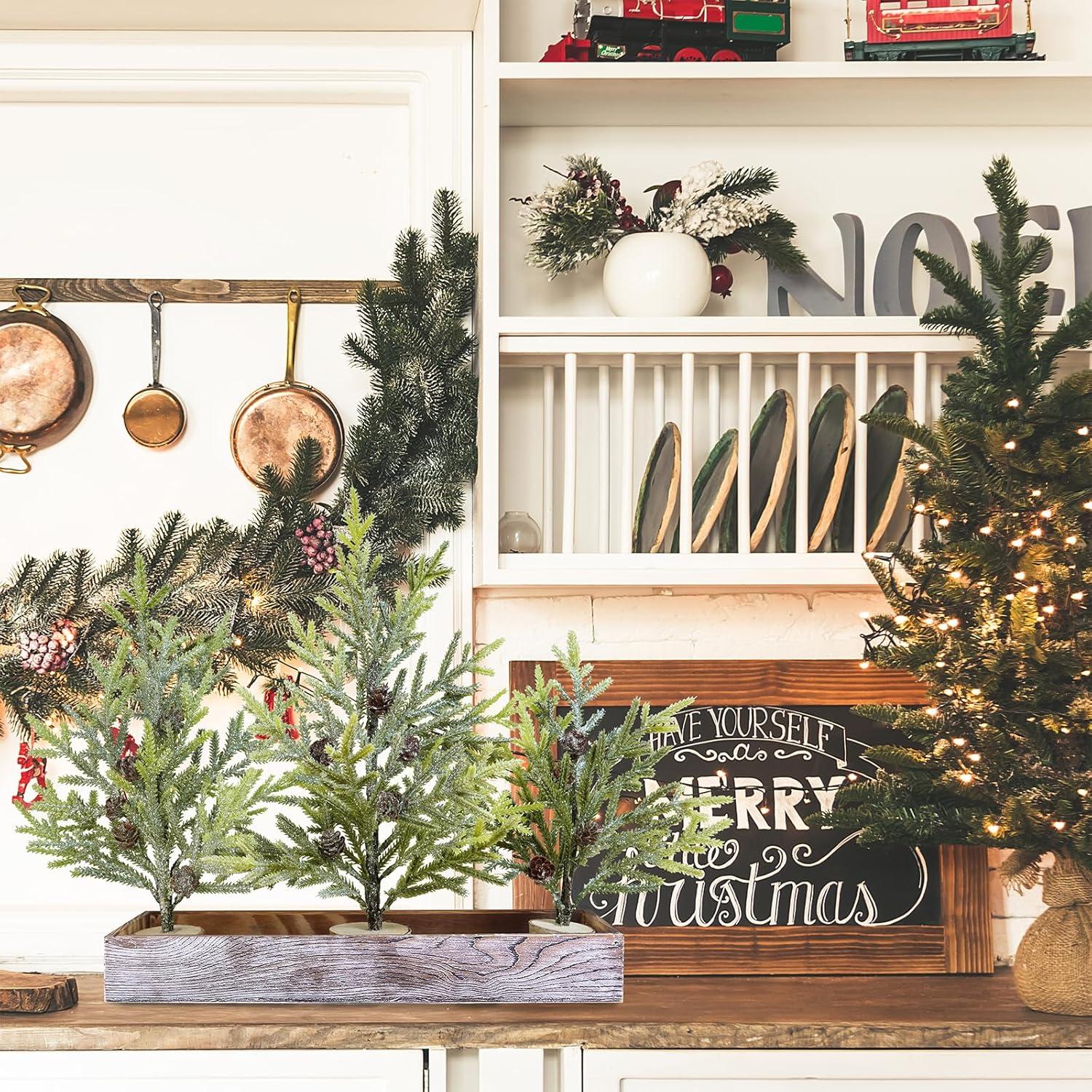 imageWinlyn 3 Pack Mini Frosted Artificial Pine Trees with Pinecones and Wood Bases Small Christmas Tabletop Trees in Rustic Wooden Planter for Farmhouse Christmas Holiday Decorations Table Centerpiece