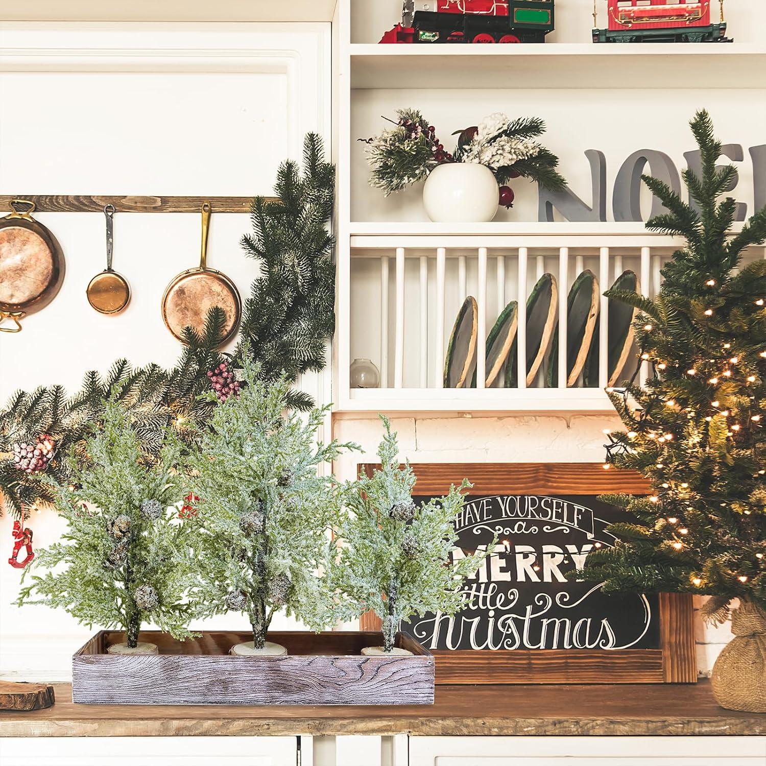imageWinlyn 3 Pack Snowy Mini Cedar Trees with Pinecones and Wood Bases Artificial Small Christmas Tabletop Trees and Rustic Wood Planter for Winter Holiday Christmas Mantel Farmhouse Table Centerpiece