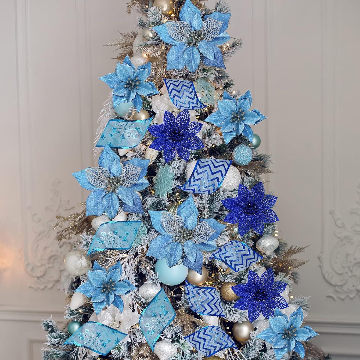 imageWinlyn 3 Style Christmas Poinsettia Flowers Picks Xmas Tree Ornaments and 12 Yards Decorative Wired Ribbon for Blue Christmas Tree Wreath Garland Holiday DecorBlue