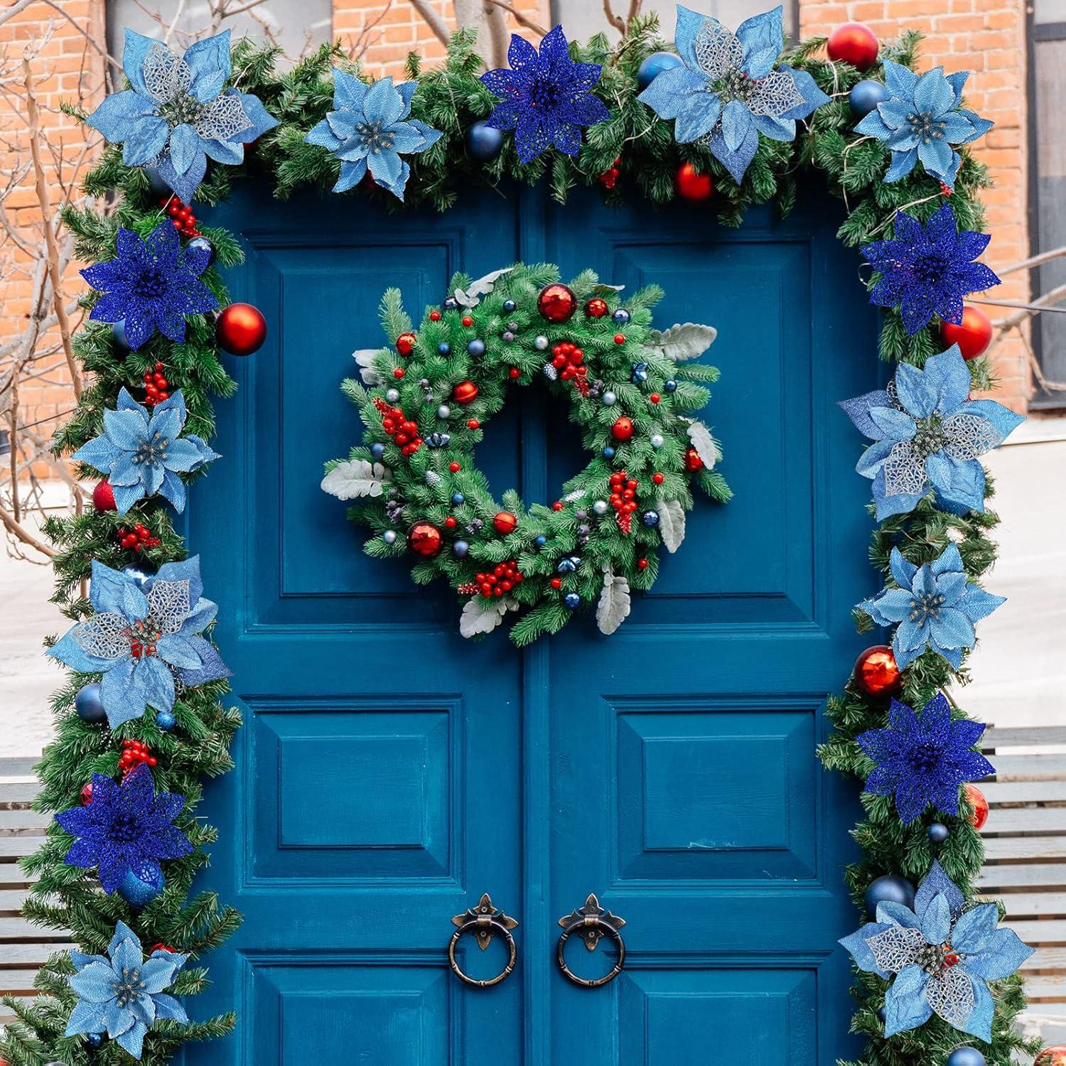 imageWinlyn 3 Style Christmas Poinsettia Flowers Picks Xmas Tree Ornaments and 12 Yards Decorative Wired Ribbon for Blue Christmas Tree Wreath Garland Holiday DecorBlue