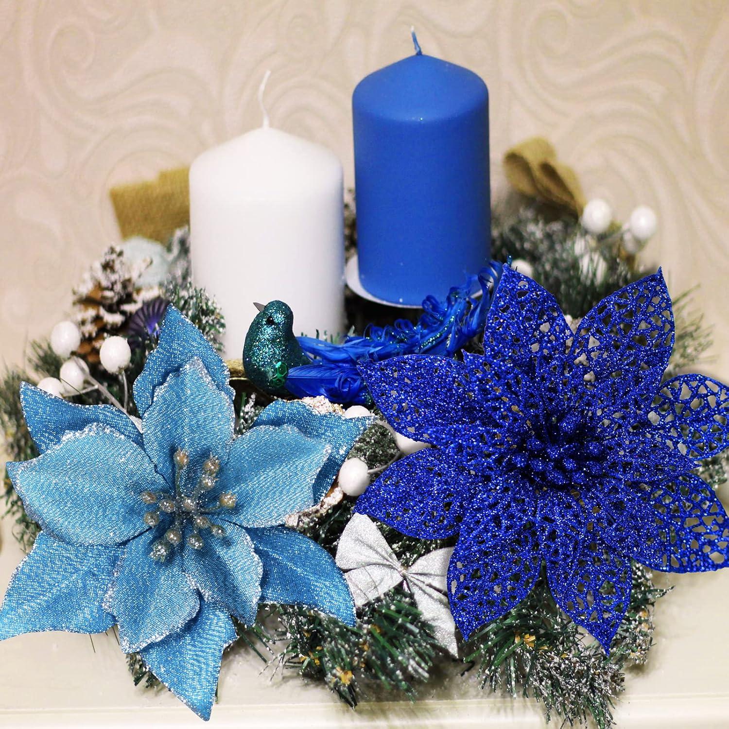 imageWinlyn 3 Style Christmas Poinsettia Flowers Picks Xmas Tree Ornaments and 12 Yards Decorative Wired Ribbon for Blue Christmas Tree Wreath Garland Holiday DecorBlue