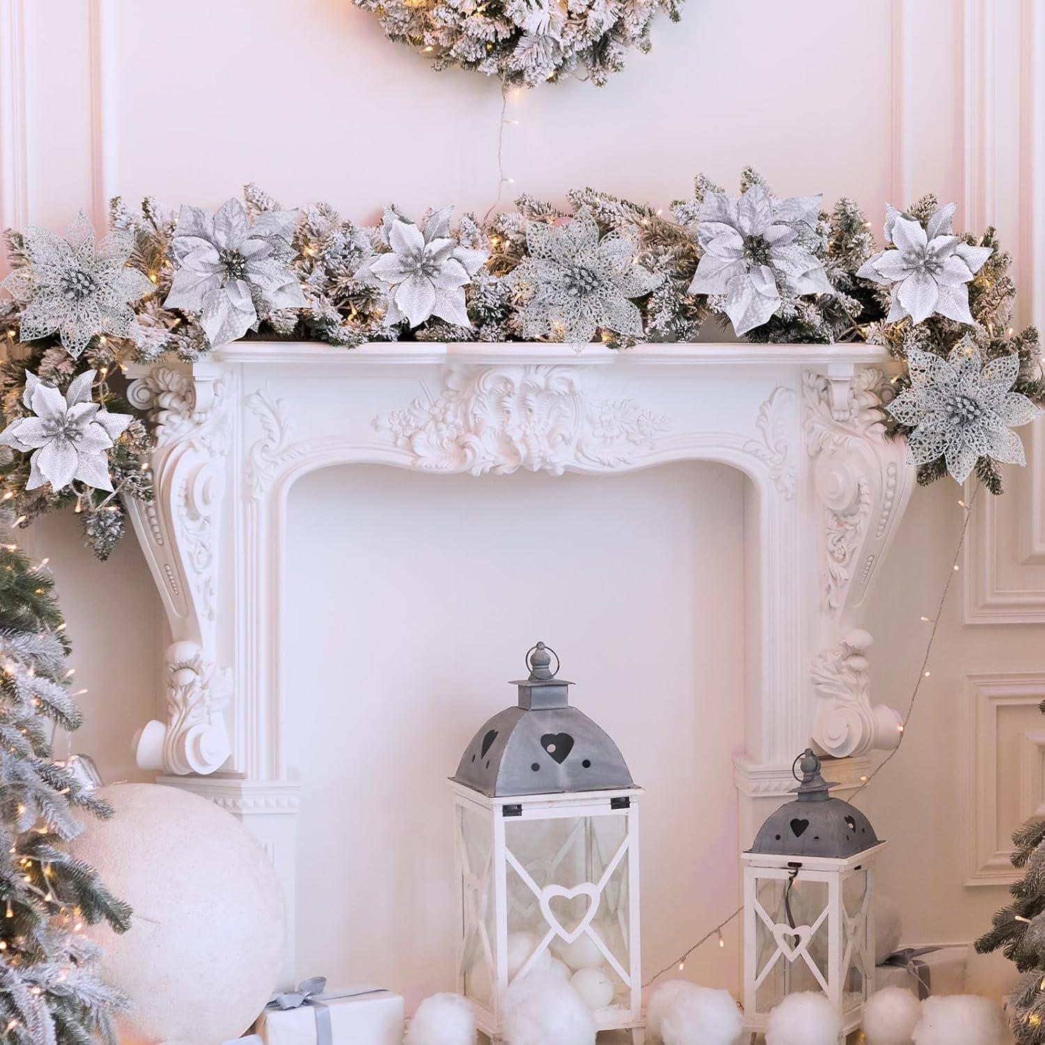 imageWinlyn 3 Style Christmas Poinsettia Flowers Picks Xmas Tree Ornaments and 12 Yards Decorative Wired Ribbon for Blue Christmas Tree Wreath Garland Holiday DecorSilver