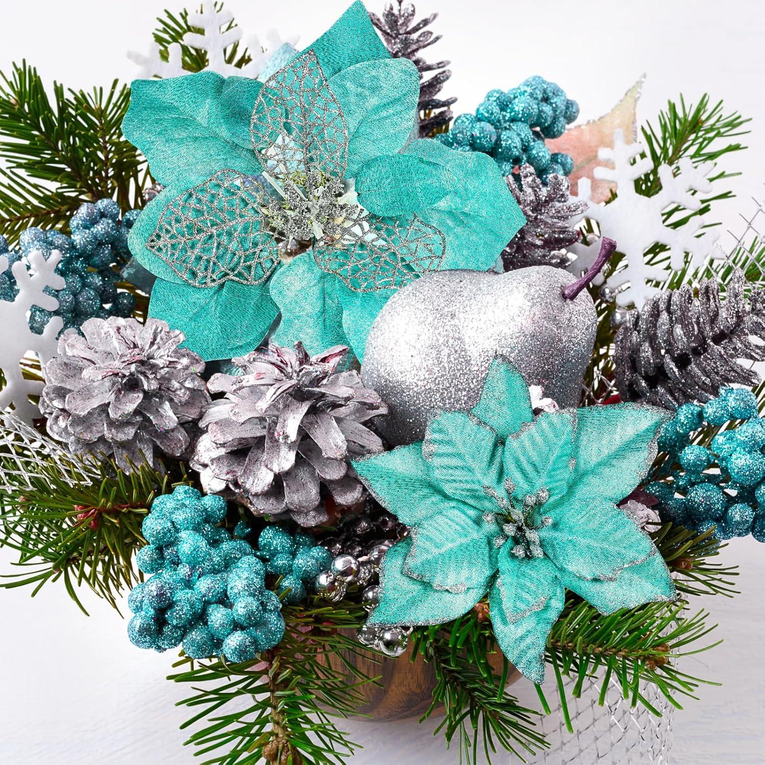 imageWinlyn 3 Style Christmas Poinsettia Flowers Picks Xmas Tree Ornaments and 12 Yards Decorative Wired Ribbon for Blue Christmas Tree Wreath Garland Holiday DecorTeal